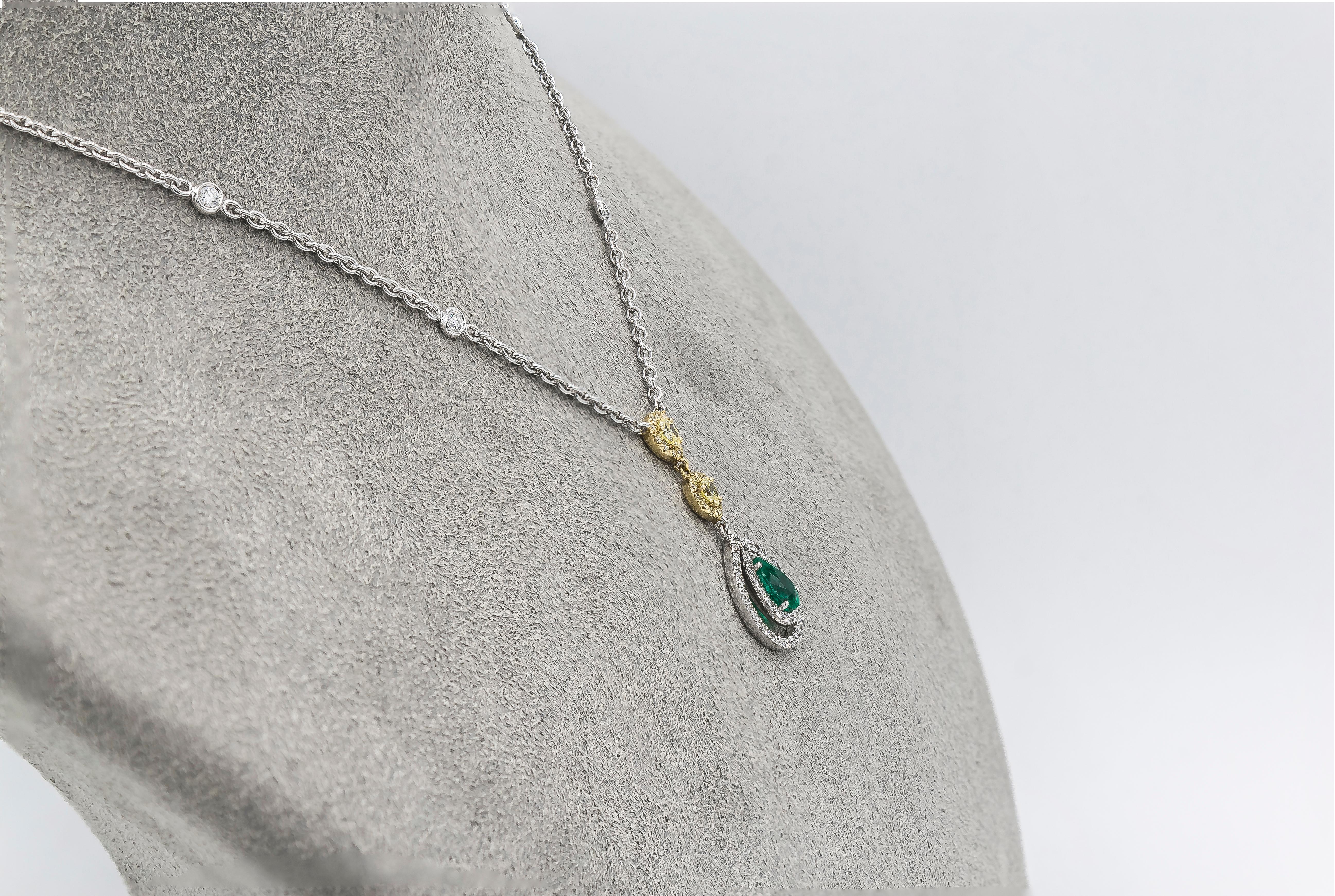 Contemporary Roman Malakov 0.68 Pear Shape Green Emerald and Diamond Drop Pendant Necklace For Sale