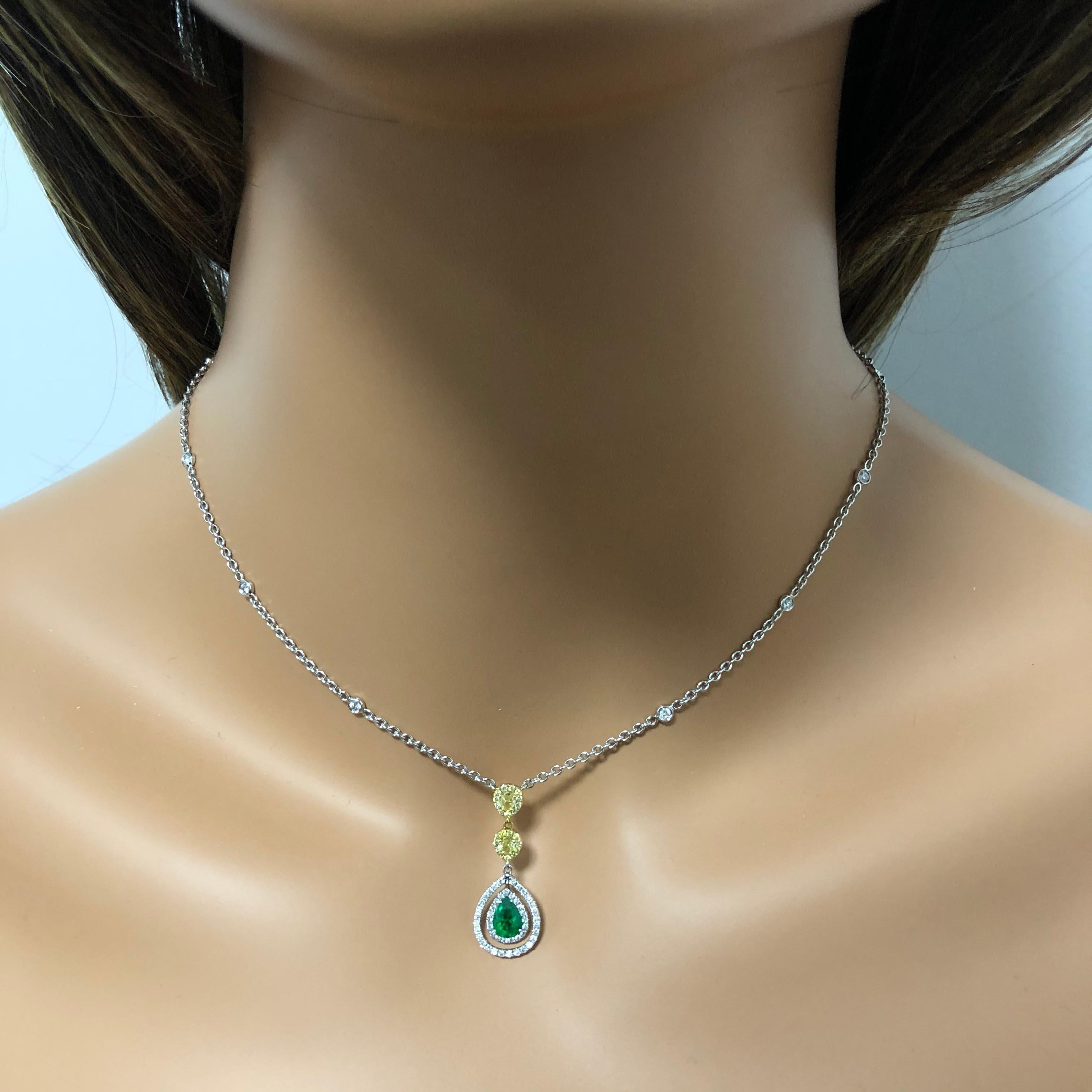 Pear Cut Roman Malakov 0.68 Pear Shape Green Emerald and Diamond Drop Pendant Necklace For Sale