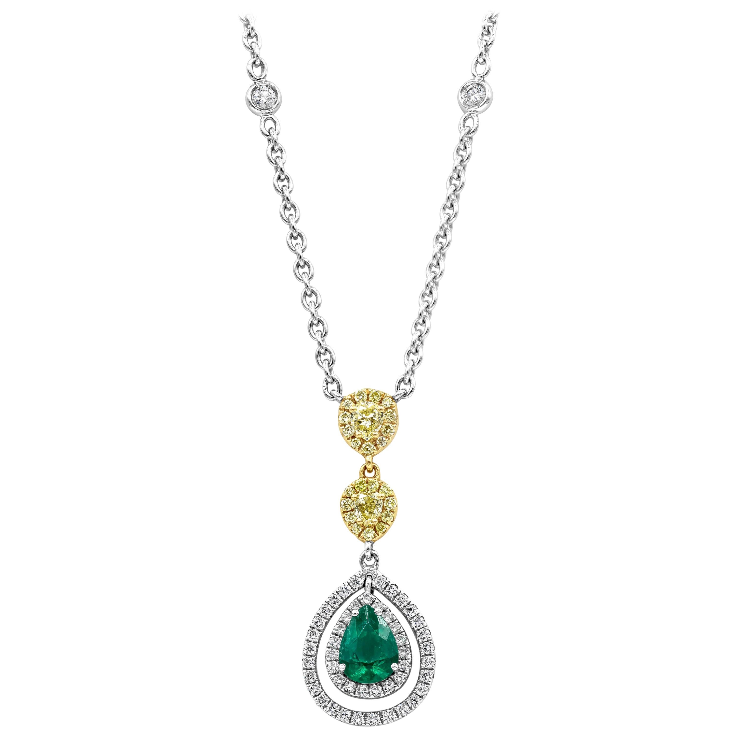Roman Malakov Pear Shape Emerald and Diamond Halo Drop Pendant Necklace