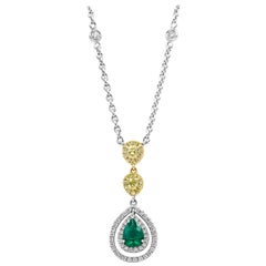 Roman Malakov Pear Shape Emerald and Diamond Halo Drop Pendant Necklace