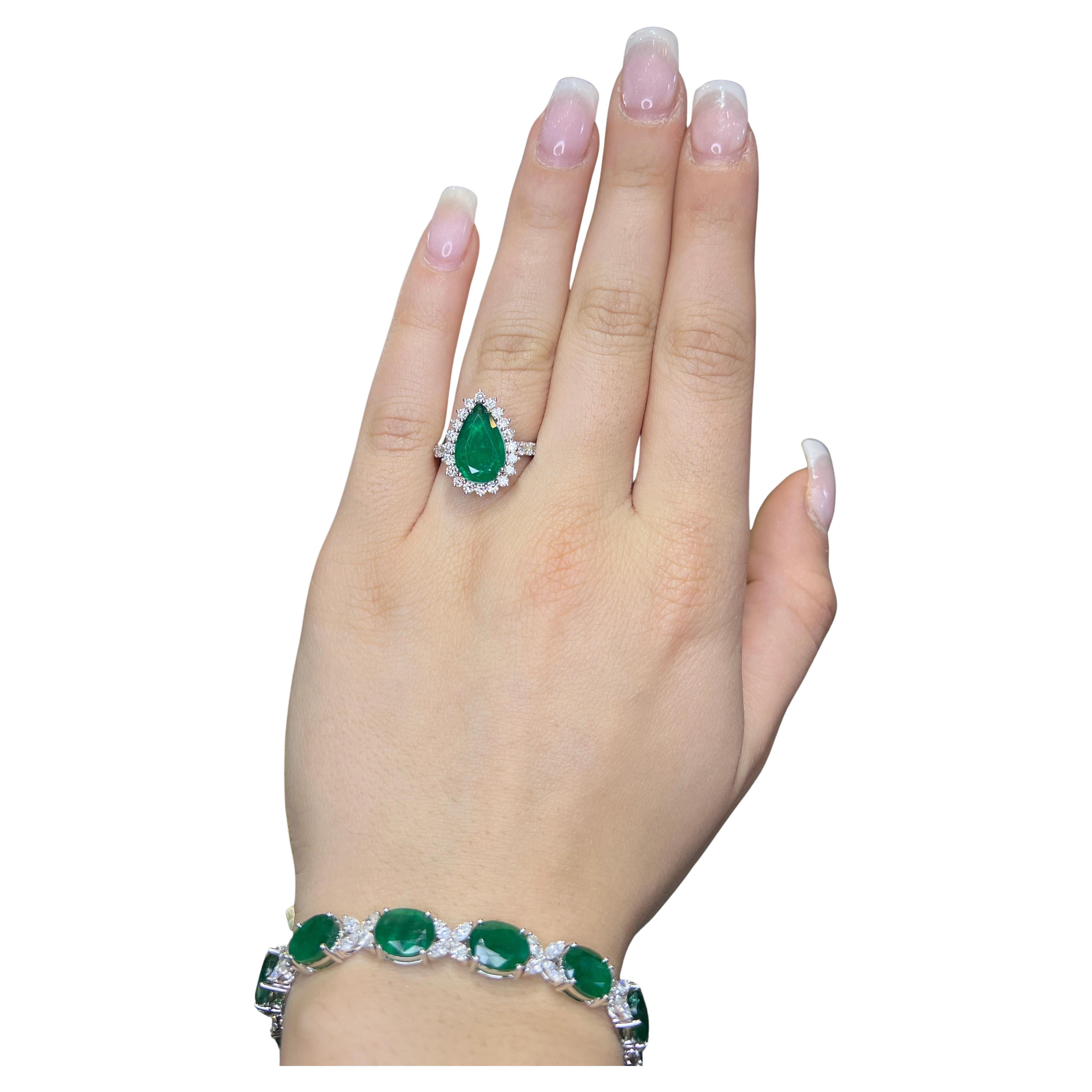 Pear Shape Emerald and Diamond Halo Ring 18k White Gold Engagement For Sale