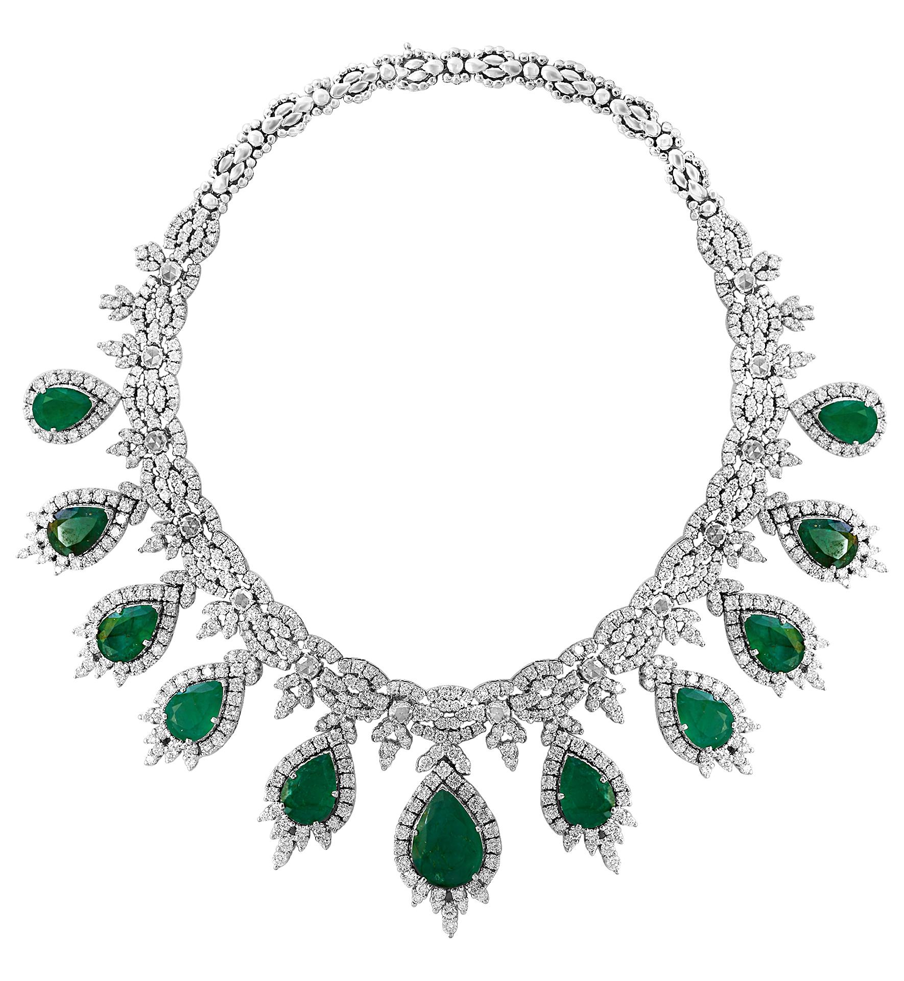 Pear Cut GIA Certified Pear Shape Emerald and Diamond Necklace and Earring Bridal Suite