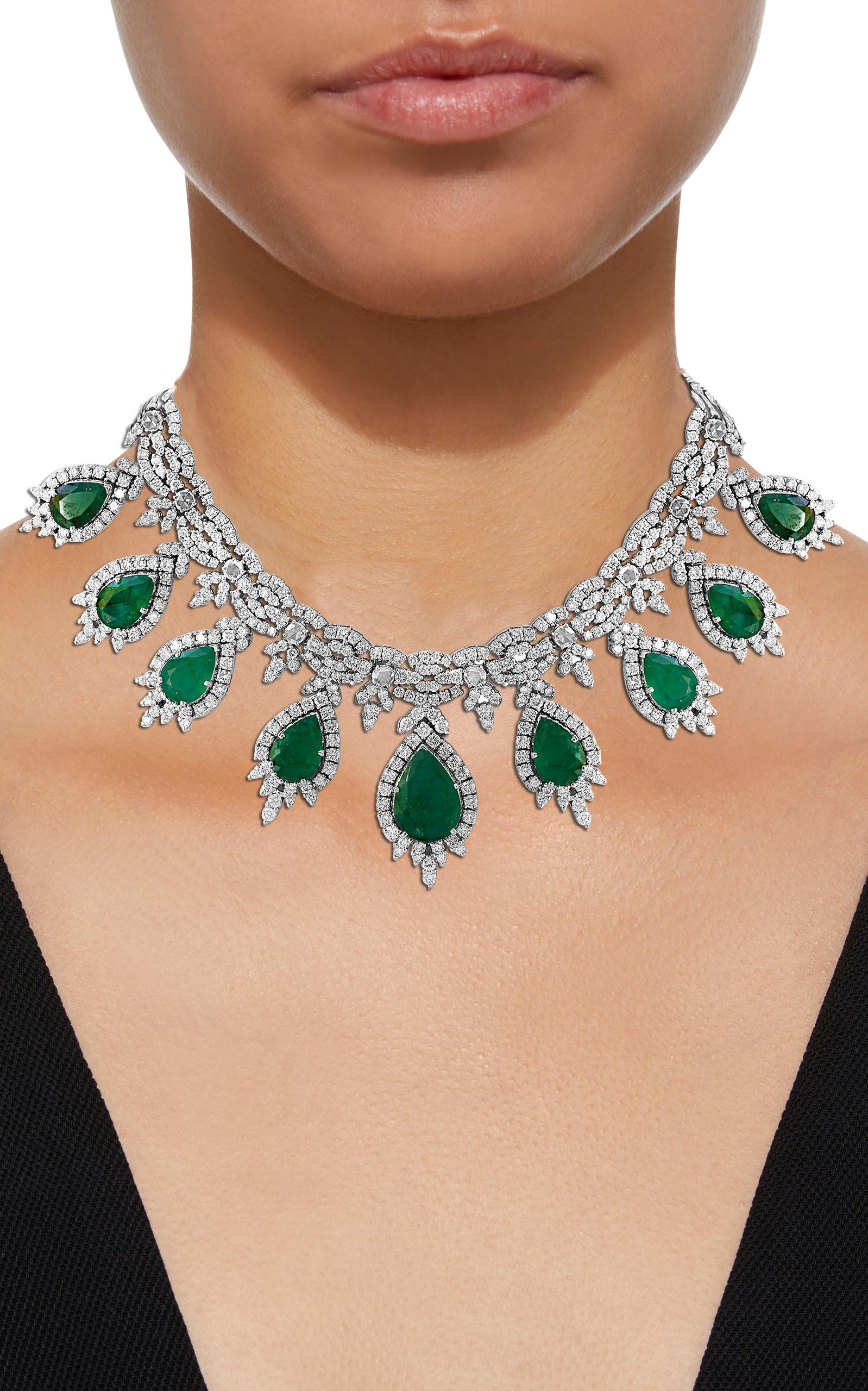 GIA Certified Pear Shape Emerald and Diamond Necklace and Earring Bridal Suite 2