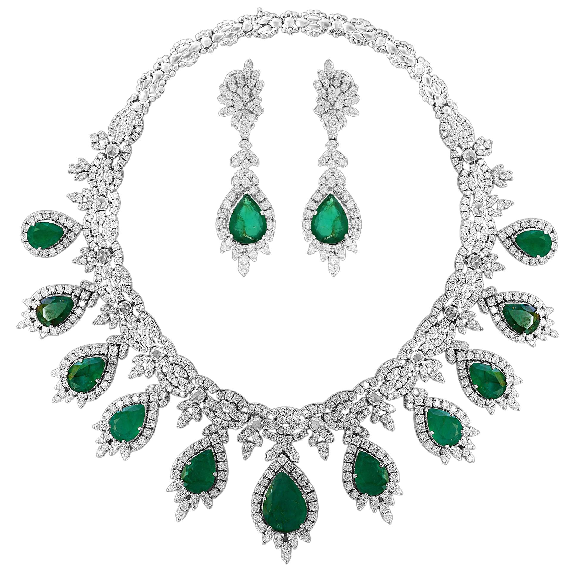 GIA Certified Pear Shape Emerald and Diamond Necklace and Earring Bridal Suite