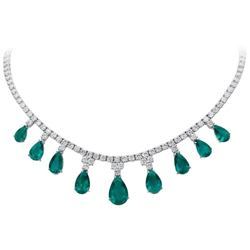 Pear Shape Emerald and Diamond Necklace For Sale