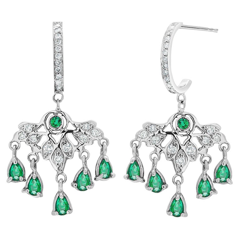 Pear Shape Dangle Emerald and Diamond Gold Hoop Earrings Weighing 4.85 Carat