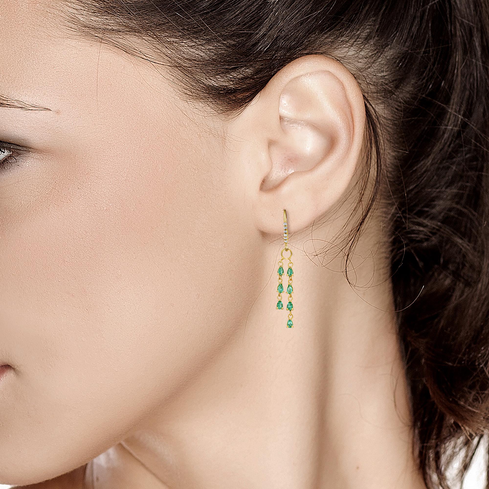 Pear Cut Pear Shape Emerald Diamond Yellow Gold Hoop Drop Earrings Weighing 3.75 Carats