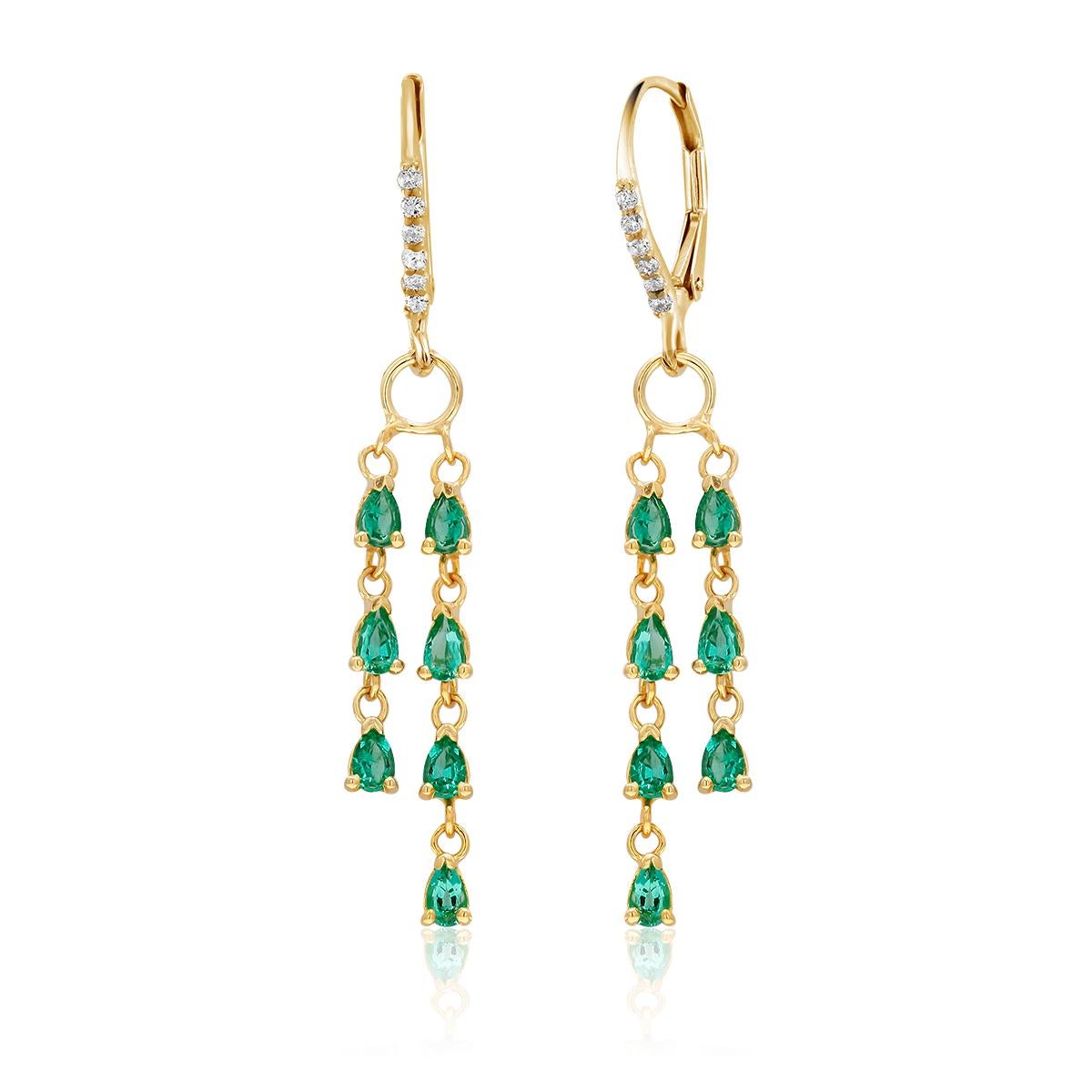 Contemporary Pear Shape Emerald Diamond Yellow Gold Hoop Drop Earrings Weighing 3.75 Carats