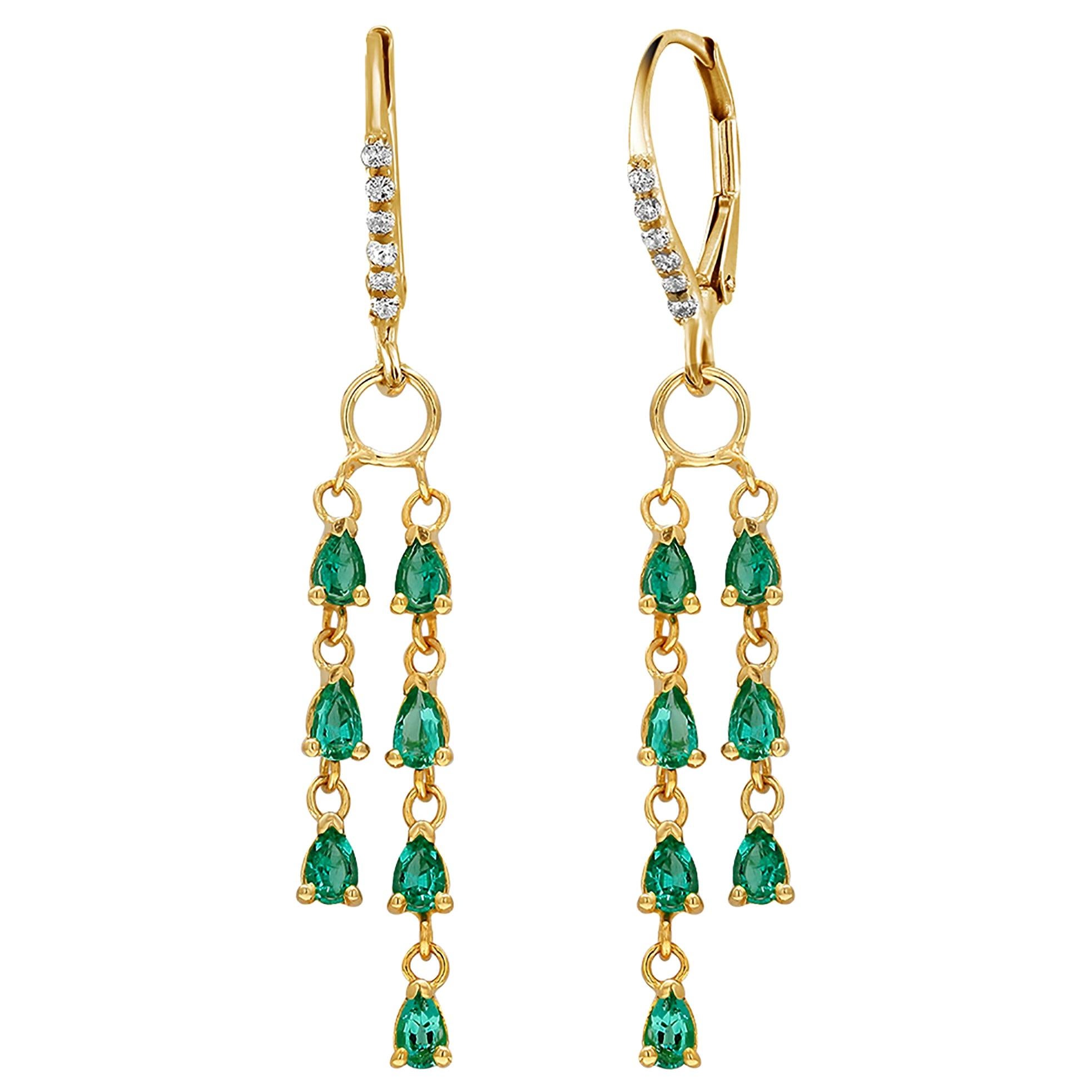 Pear Shape Emerald Diamond Yellow Gold Hoop Drop Earrings Weighing 3.75 Carats