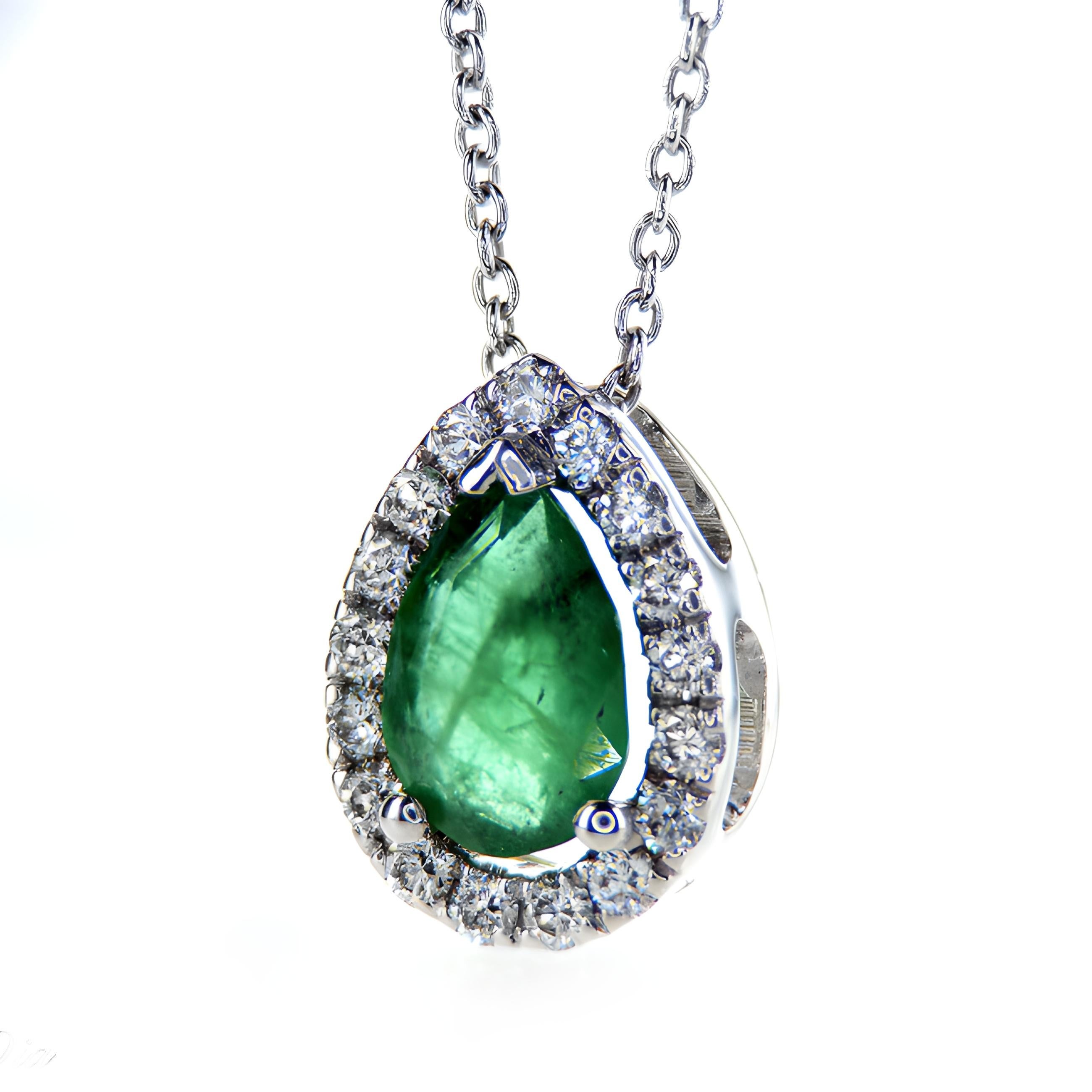 0.53Ct Pear Shape Emerald and 0.14Ct Diamonds Halo 14K White Gold Pendant Necklace

Product Description:

Introducing our Pear Shape Emerald Halo Necklace, a breathtaking creation that marries the elegance of a 0.53Ct pear shape emerald with a halo