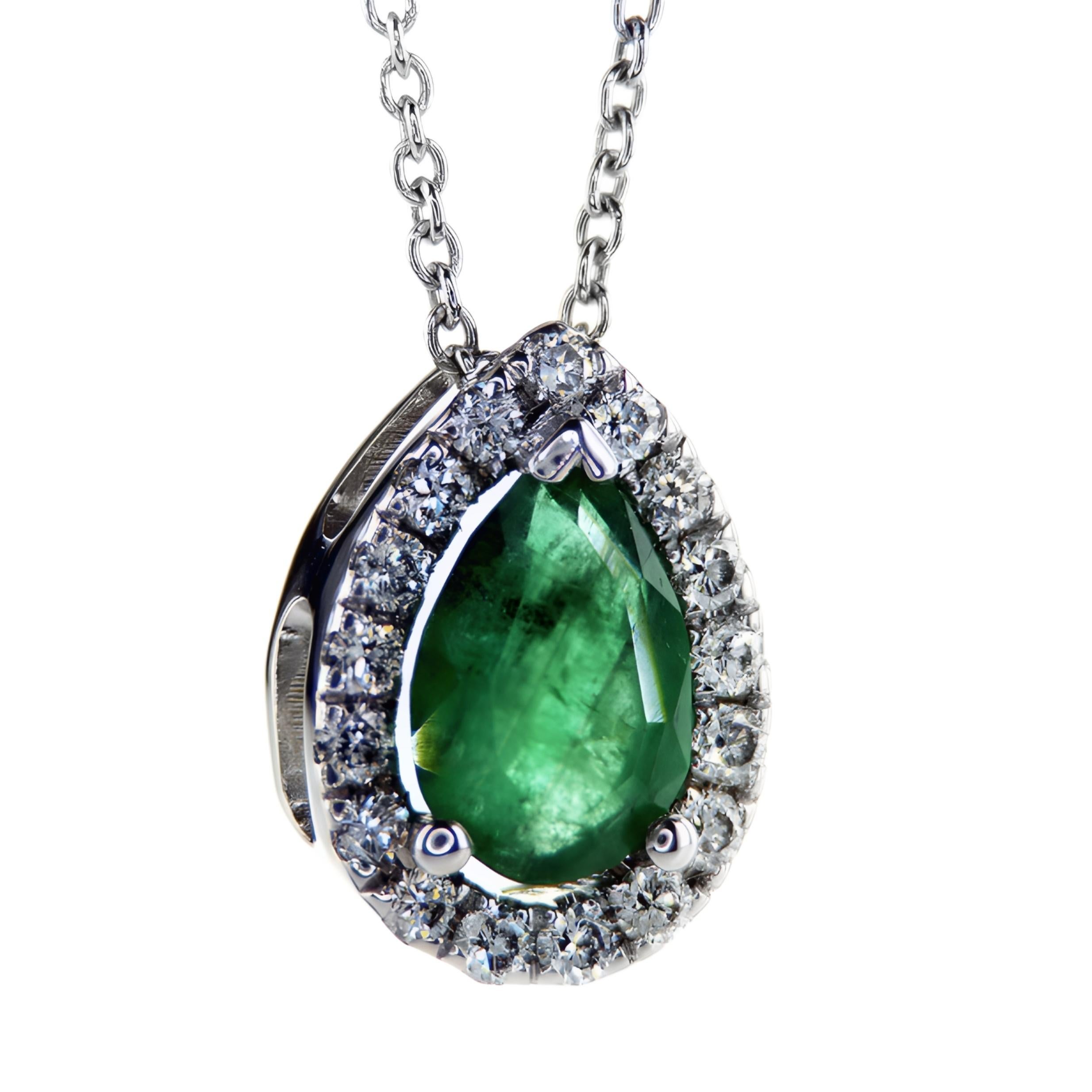 Pear Cut Pear Shape Emerald and diamonds Halo Necklace For Sale