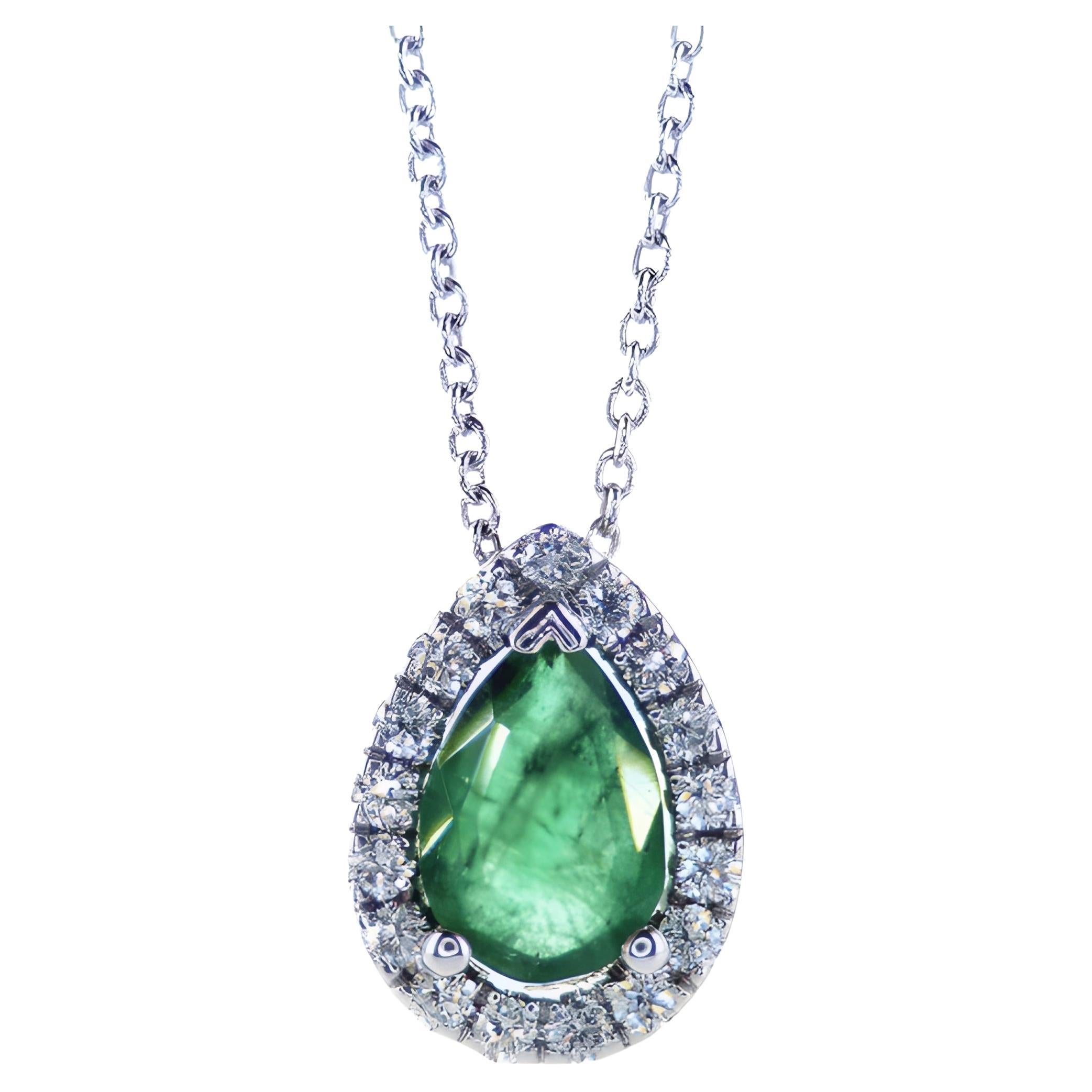 Pear Shape Emerald and diamonds Halo Necklace For Sale