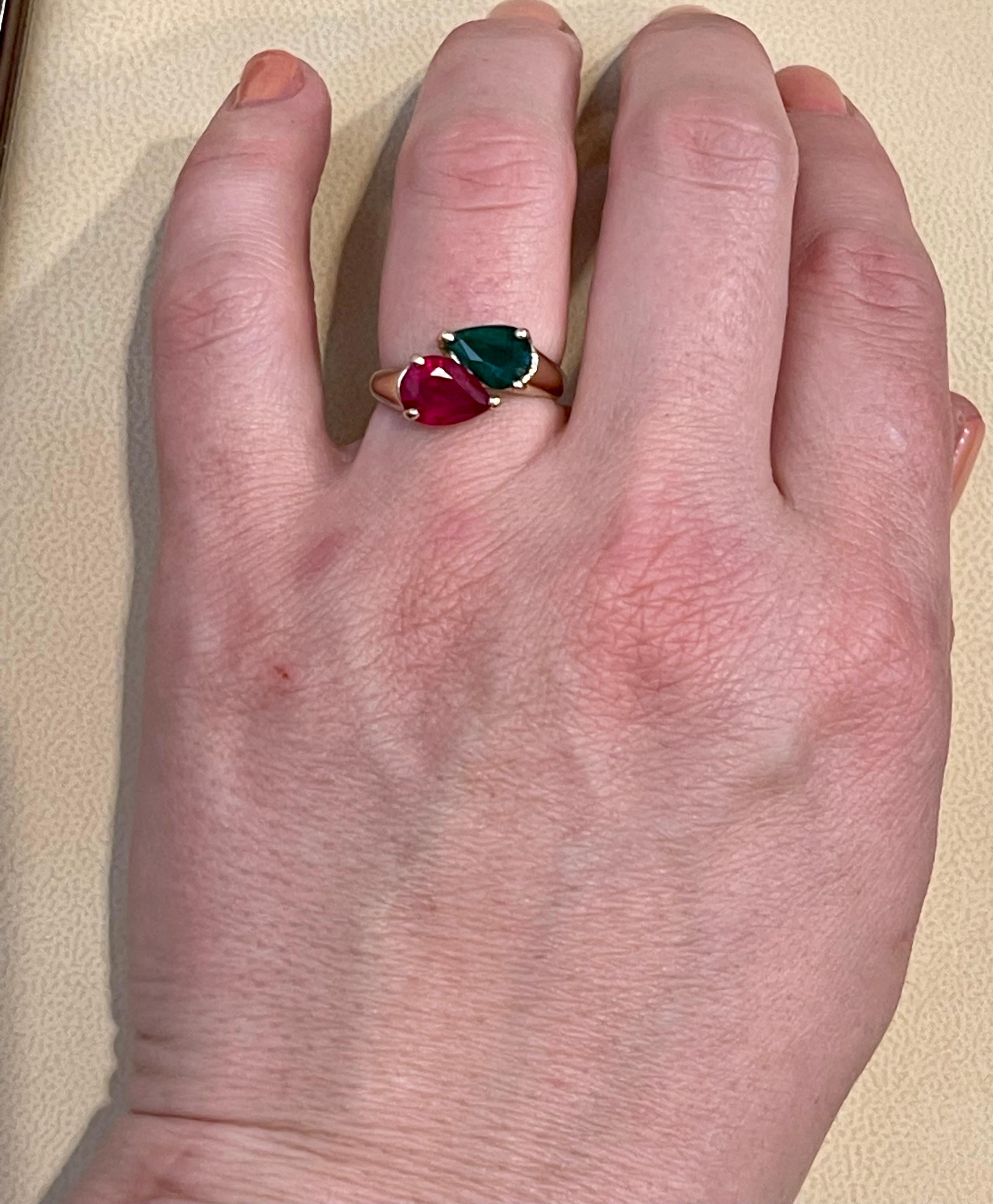 Pear Shape Emerald and Ruby Engagement Ring in 14 Karat Gold 3