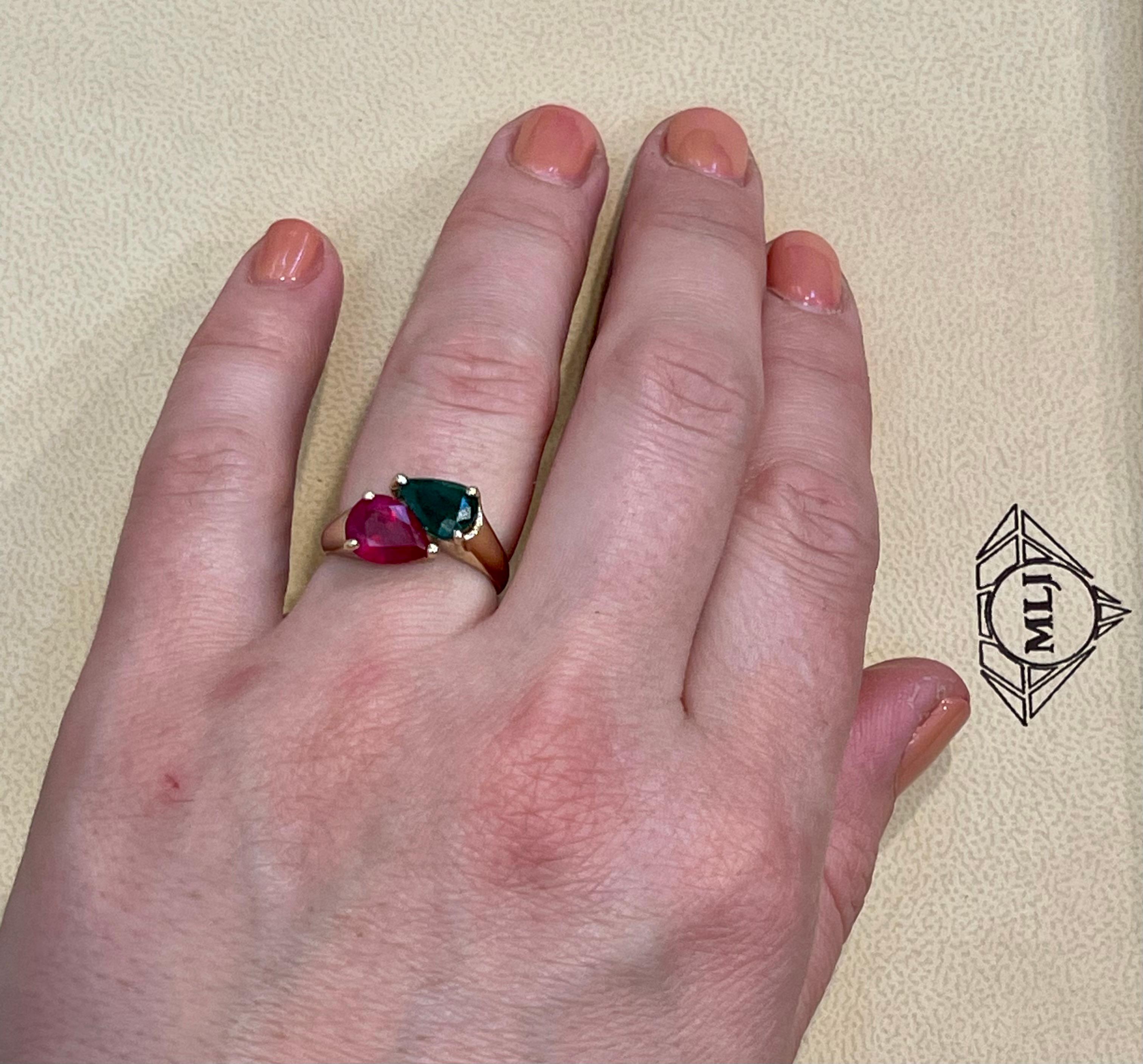 Pear Shape Emerald and Ruby Engagement Ring in 14 Karat Gold 6