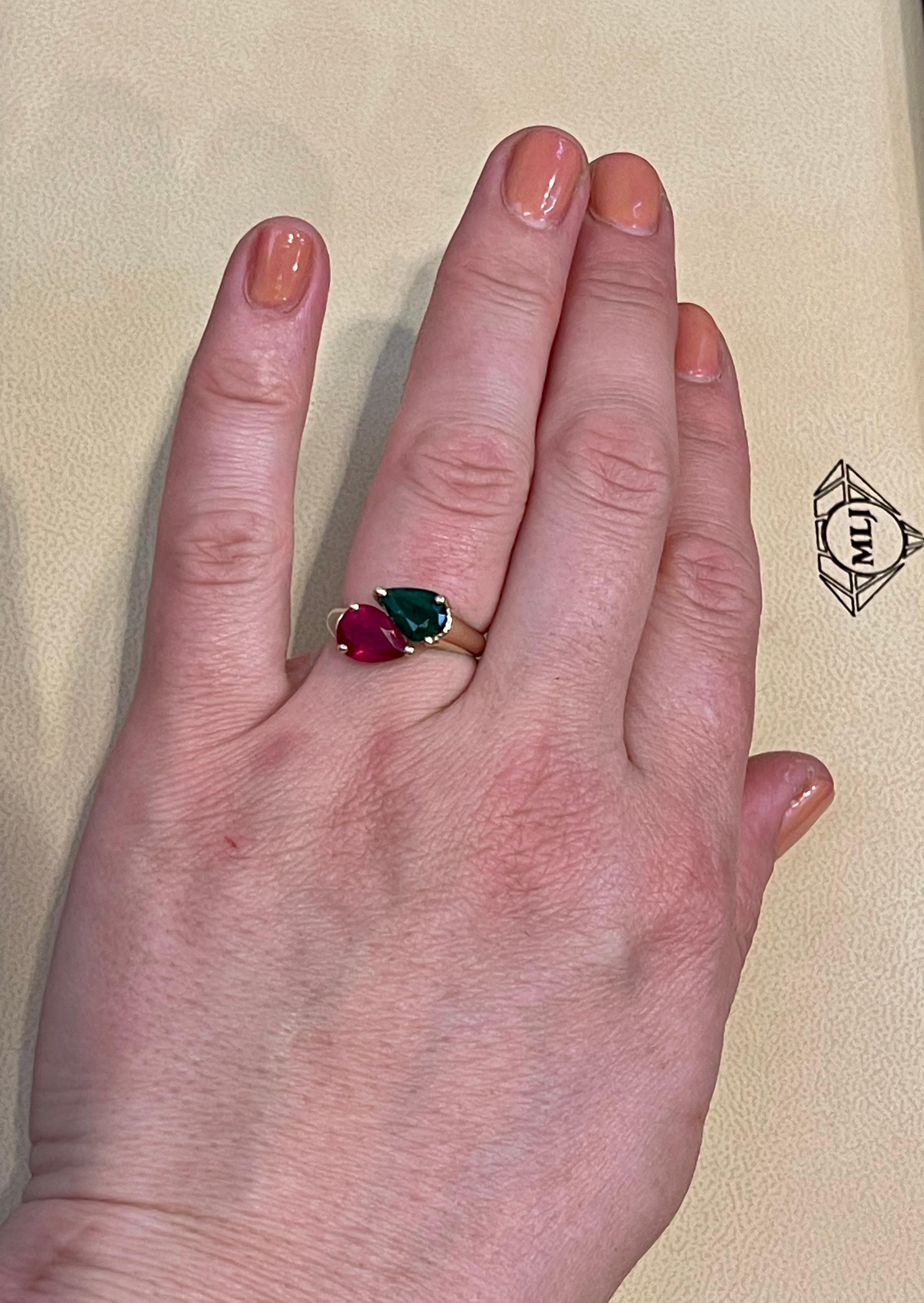 Pear Shape Emerald and Ruby Engagement Ring in 14 Karat Gold 1