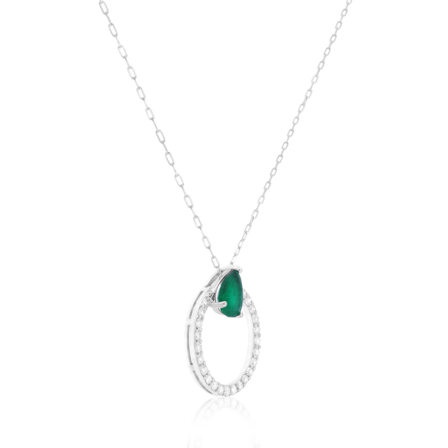 14K White Gold

1 Pear Shape Emerald at approximately 1.50 Carats Total Weight - Measuring 9x7 millimeters

0.75 Carats Total Weight of Round Brilliant White Diamonds

Color: H-I / Clarity: SI 

Pictured mini paperclip chain in white gold
