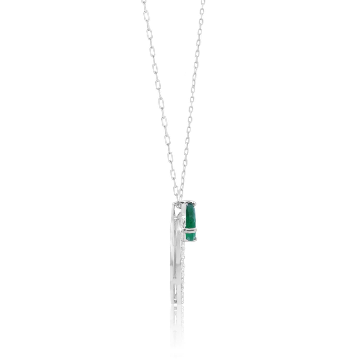Contemporary Pear Shape Emerald Circle Of Life Diamond Pendant 14K White Gold Mini Paperclip For Sale