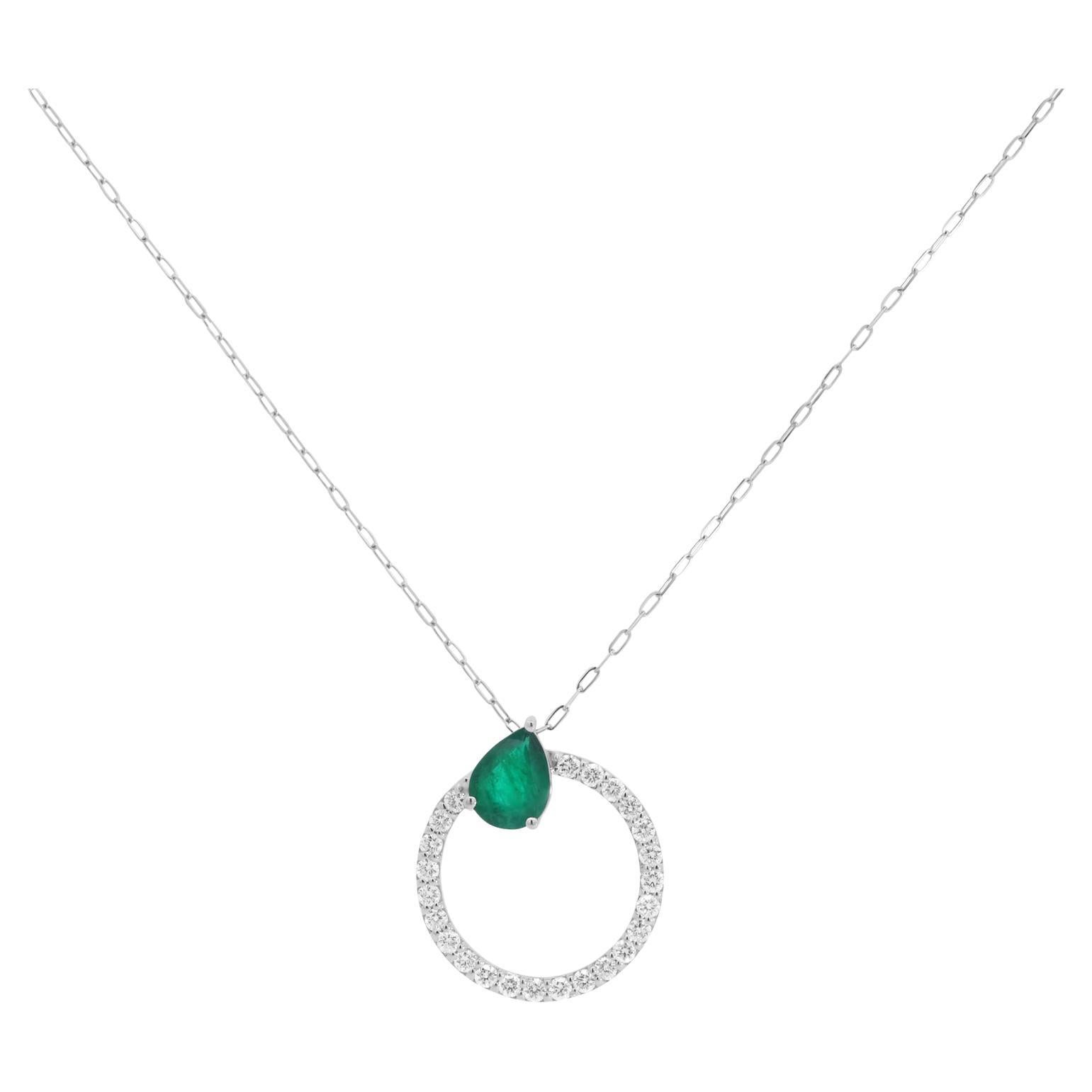 Pear Shape Emerald Circle Of Life Diamond Pendant 14K White Gold Mini Paperclip For Sale