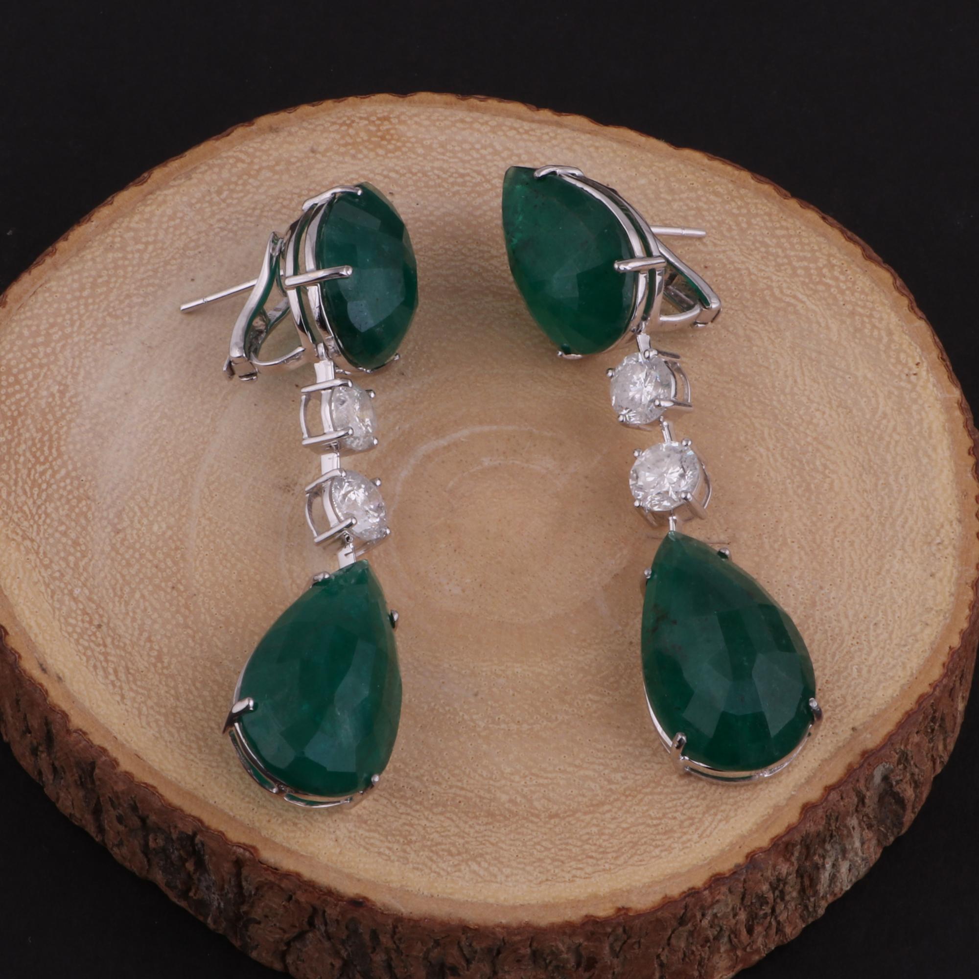 Modern Pear Shape Emerald Dangle Earrings 18 Karat White Gold Earrings Diamond Jewelry For Sale
