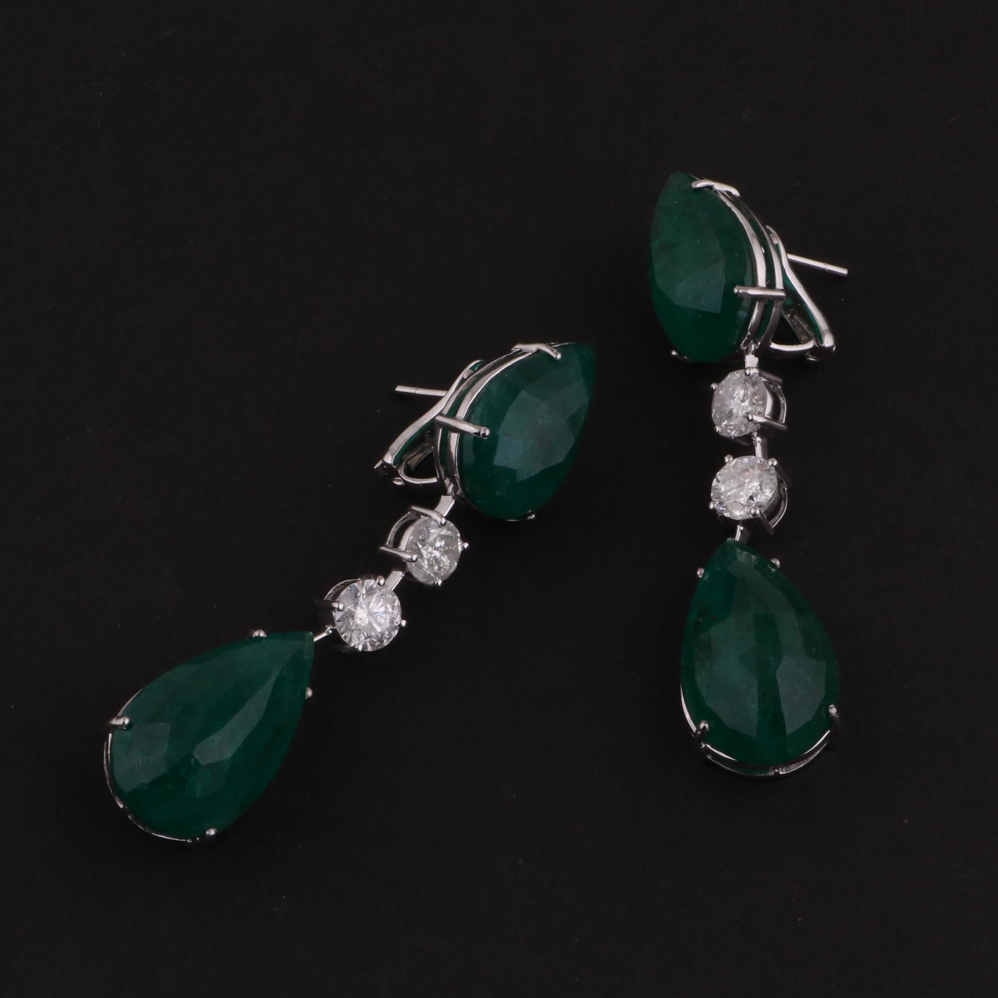 Pear Cut Pear Shape Emerald Dangle Earrings 18 Karat White Gold Earrings Diamond Jewelry For Sale