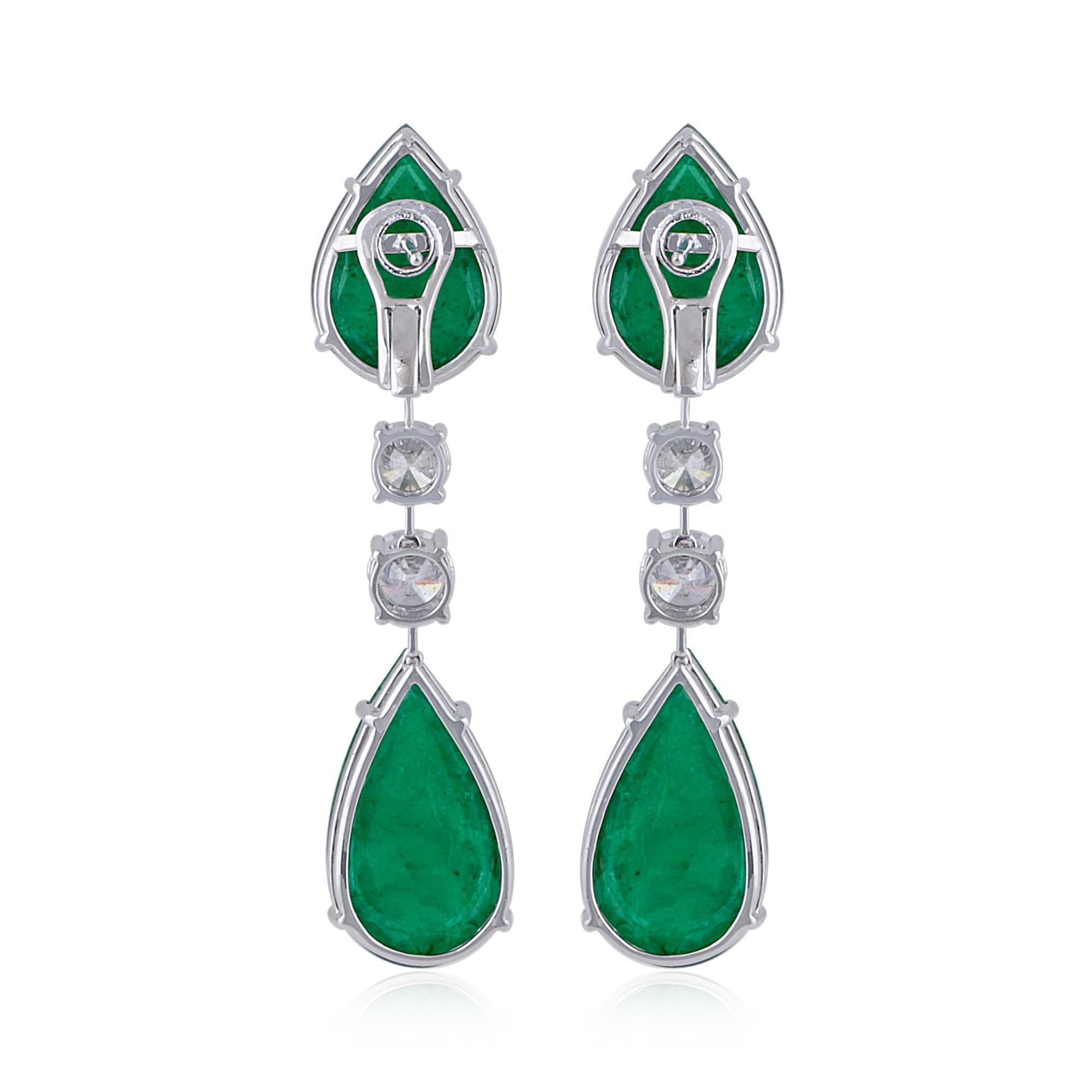Women's Pear Shape Emerald Dangle Earrings 18 Karat White Gold Earrings Diamond Jewelry For Sale
