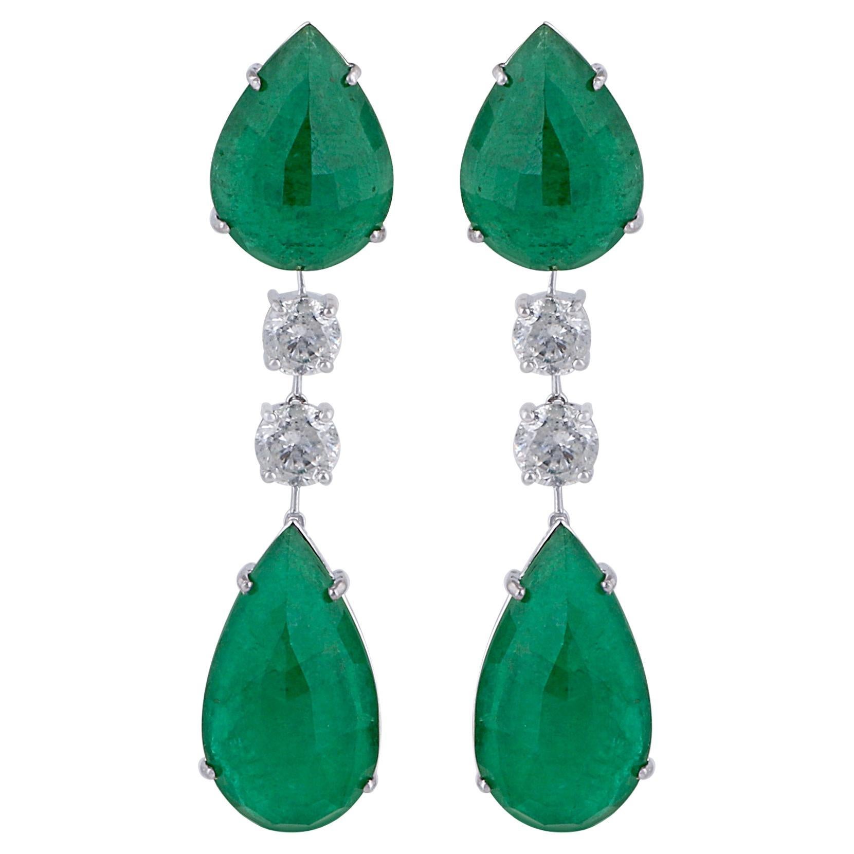 Pear Shape Emerald Dangle Earrings 18 Karat White Gold Earrings Diamond Jewelry