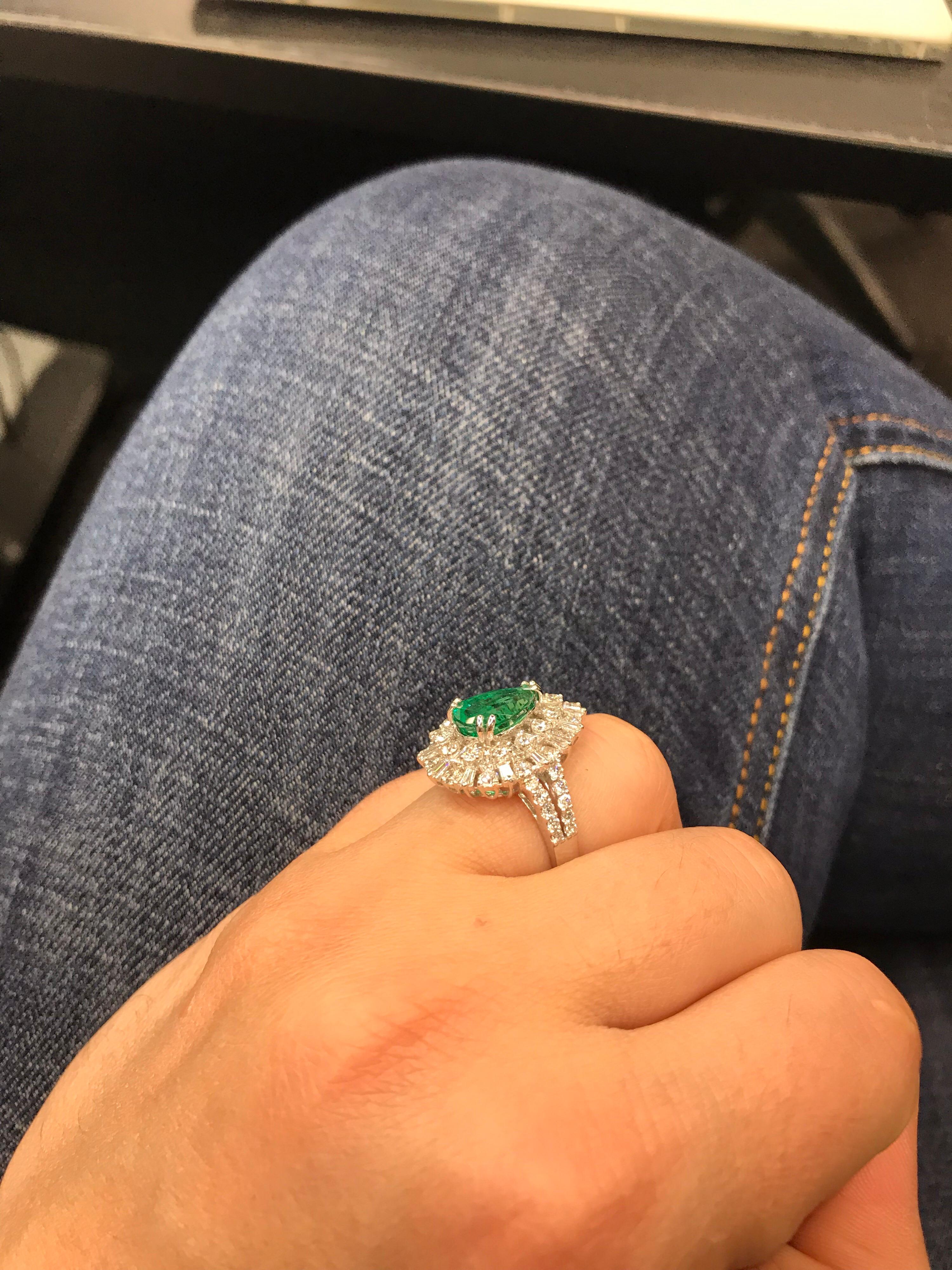 Pear Shape Emerald Diamond Cocktail Ring 4.65 Carat 14 Karat White Gold 1