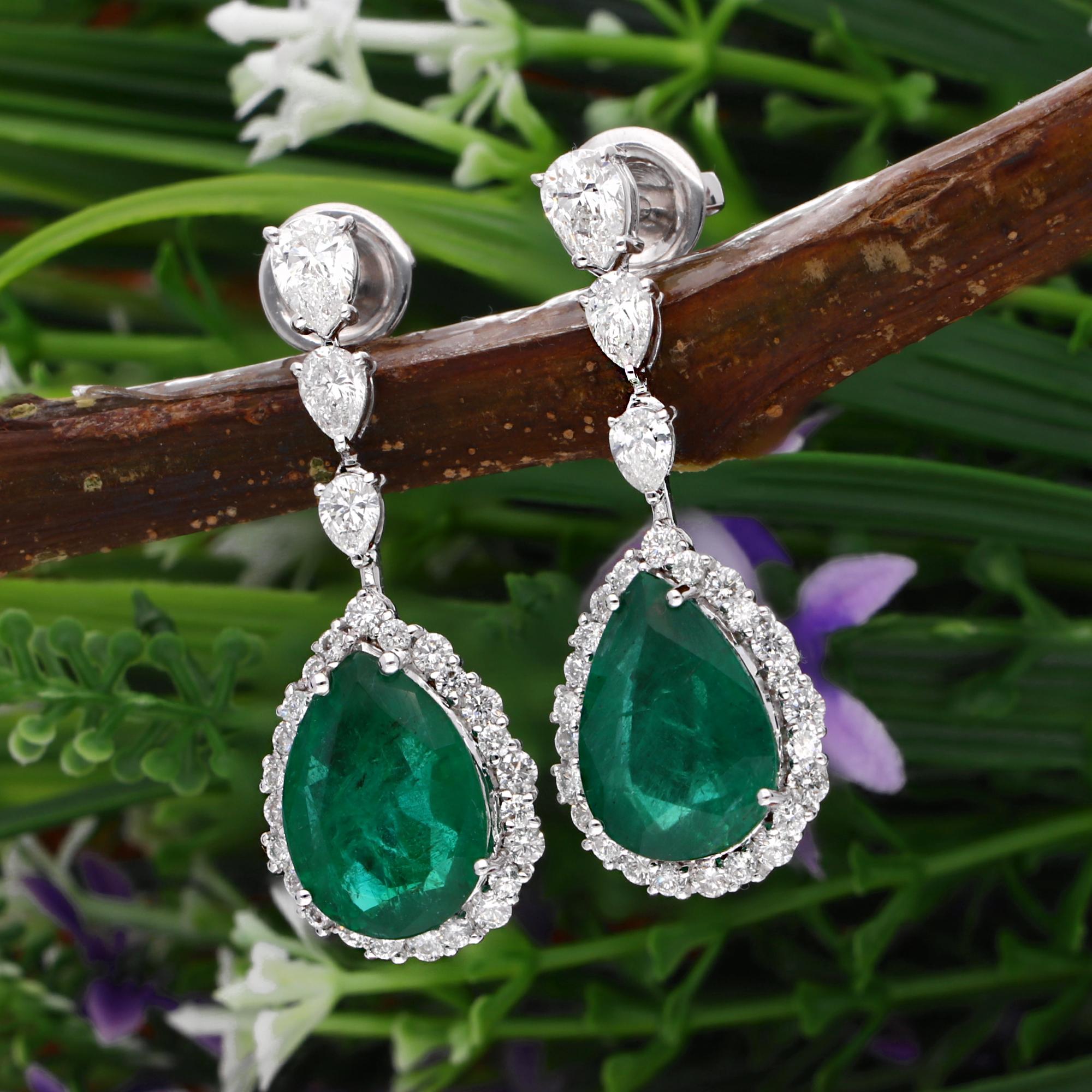 Modern Pear Shape Emerald Diamond Dangle Earrings 18 Karat White Gold Handmade Jewelry For Sale