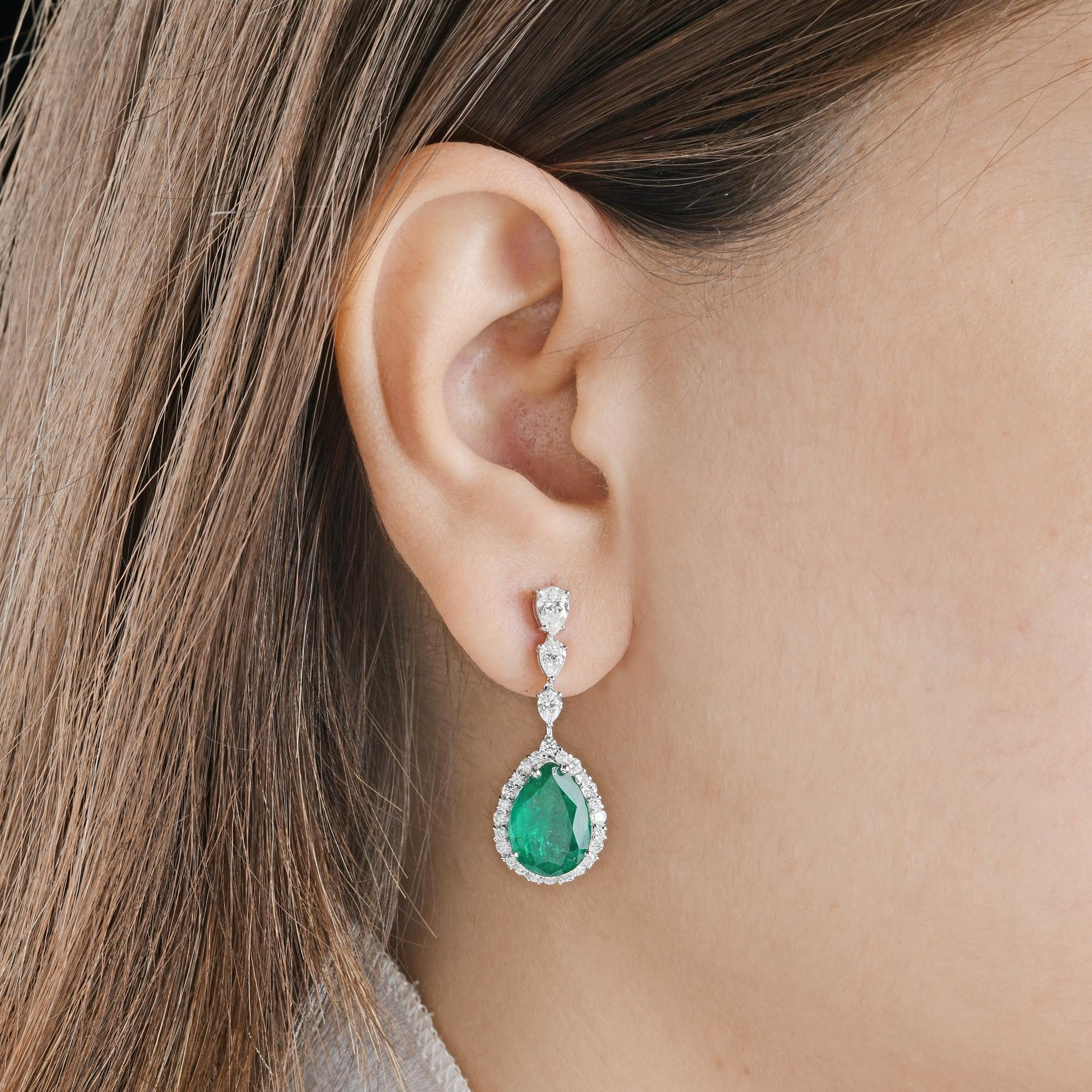 Pear Cut Pear Shape Emerald Diamond Dangle Earrings 18 Karat White Gold Handmade Jewelry For Sale