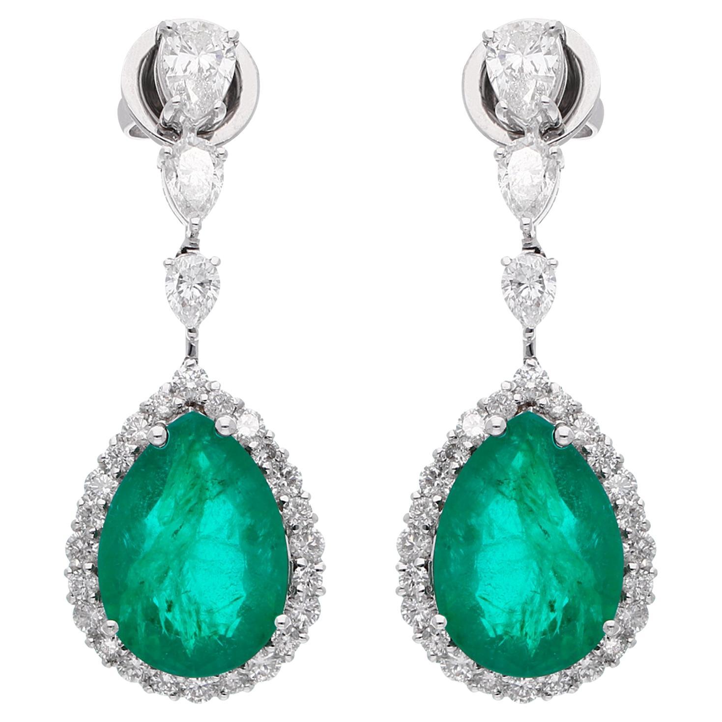 Pear Shape Emerald Diamond Dangle Earrings 18 Karat White Gold Handmade Jewelry