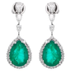 Pear Shape Emerald Diamond Dangle Earrings 18 Karat White Gold Handmade Jewelry