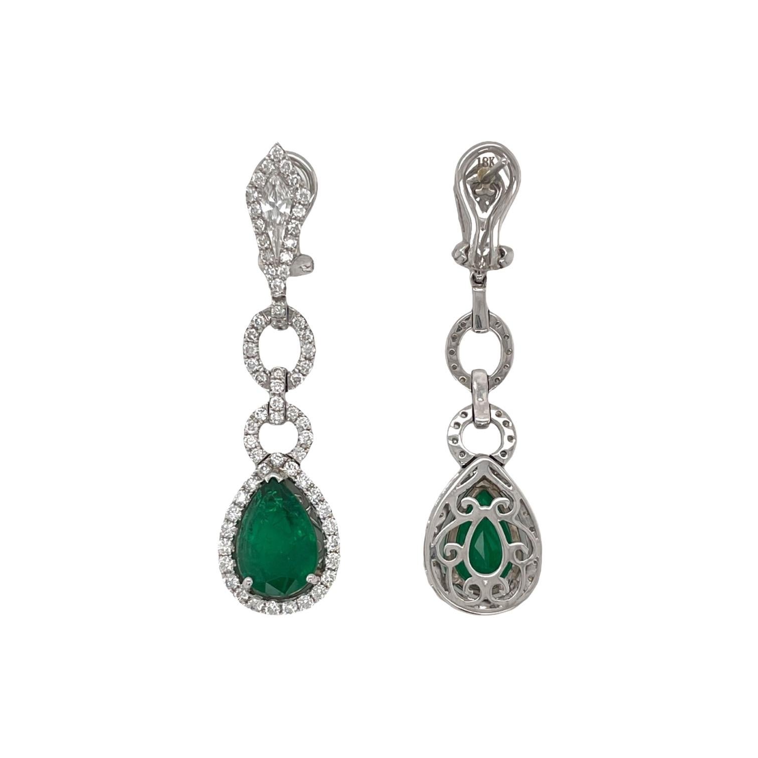 Modern Pear Shape Emerald & Diamond Drop Earrings in 18k White Gold