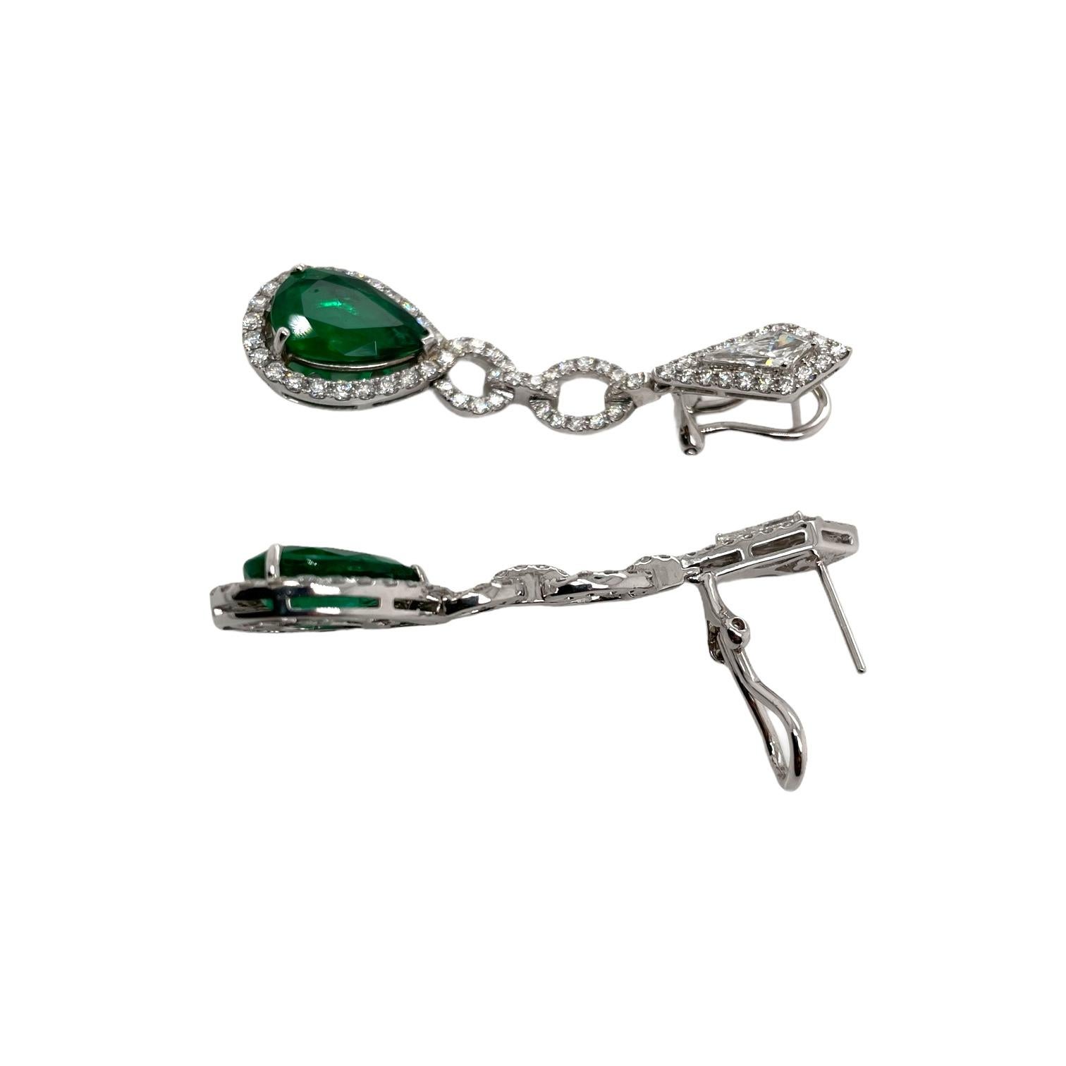 Pear Cut Pear Shape Emerald & Diamond Drop Earrings in 18k White Gold