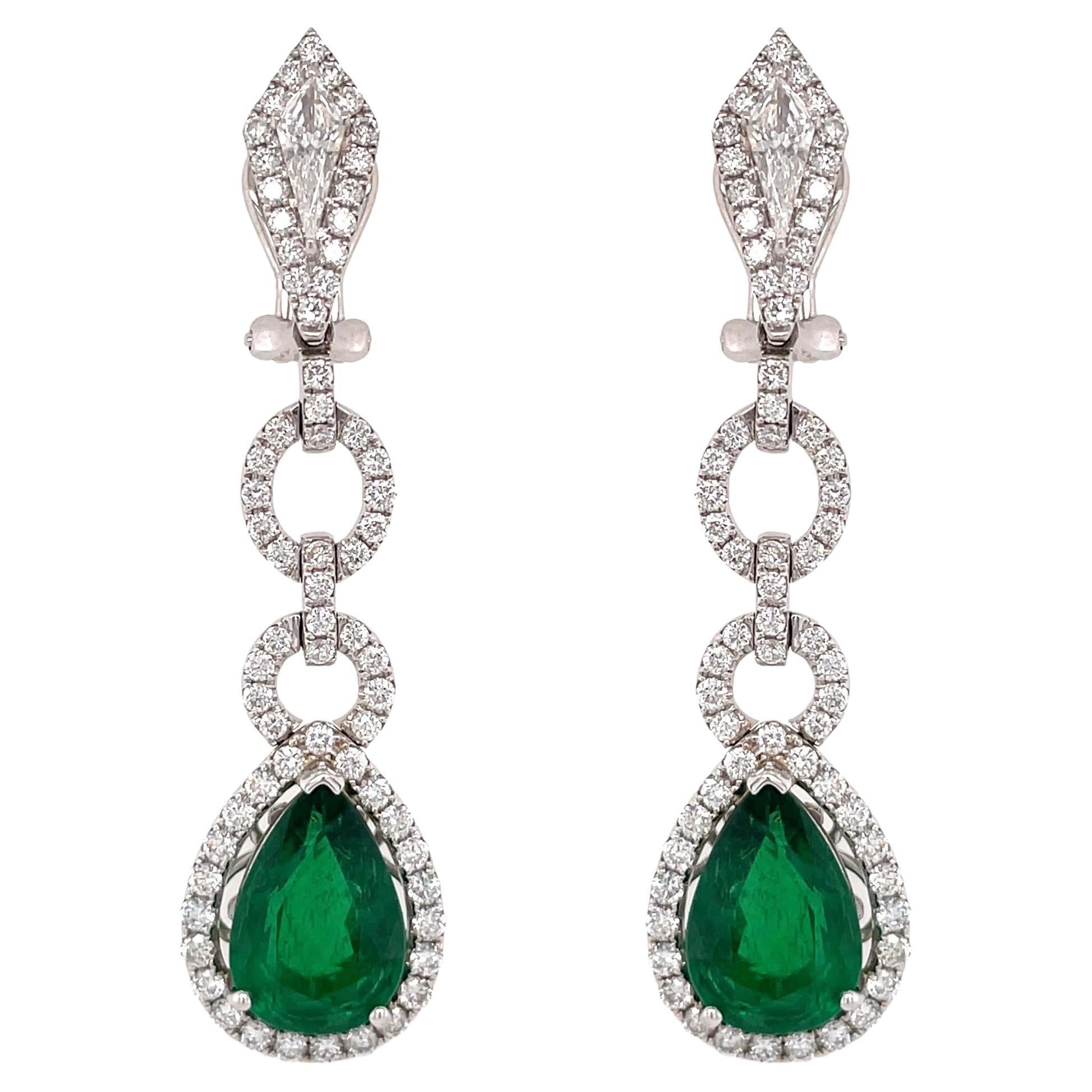 Pear Shape Emerald & Diamond Drop Earrings in 18k White Gold
