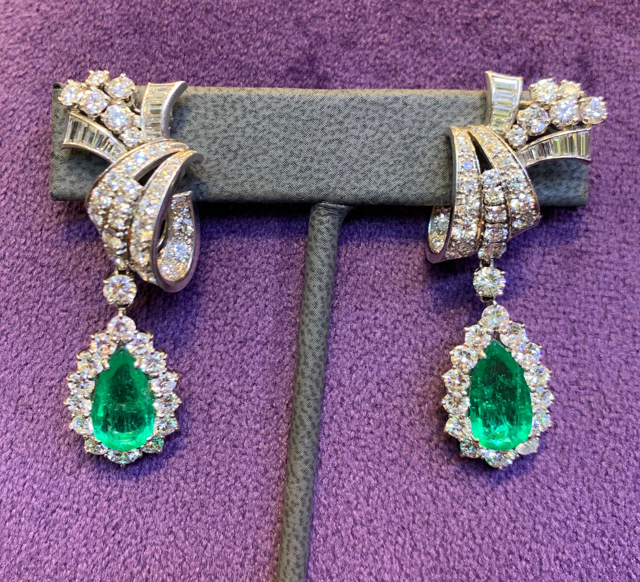 Pear Cut Pear Shape Emerald & Diamond Earrings  For Sale