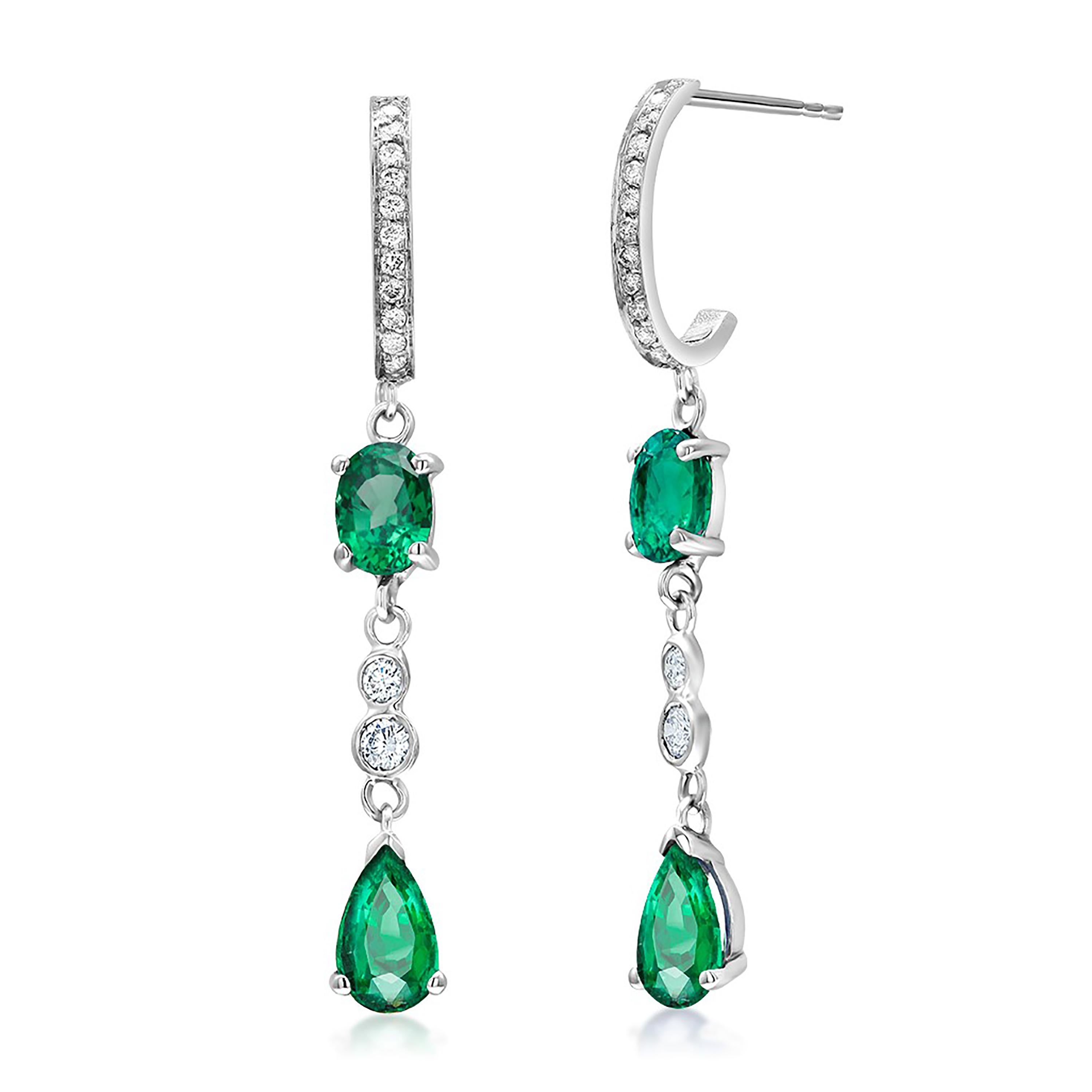 Pear Shaped and Oval Shaped Emerald Diamond Hoop Gold Drop Earrings In New Condition In New York, NY