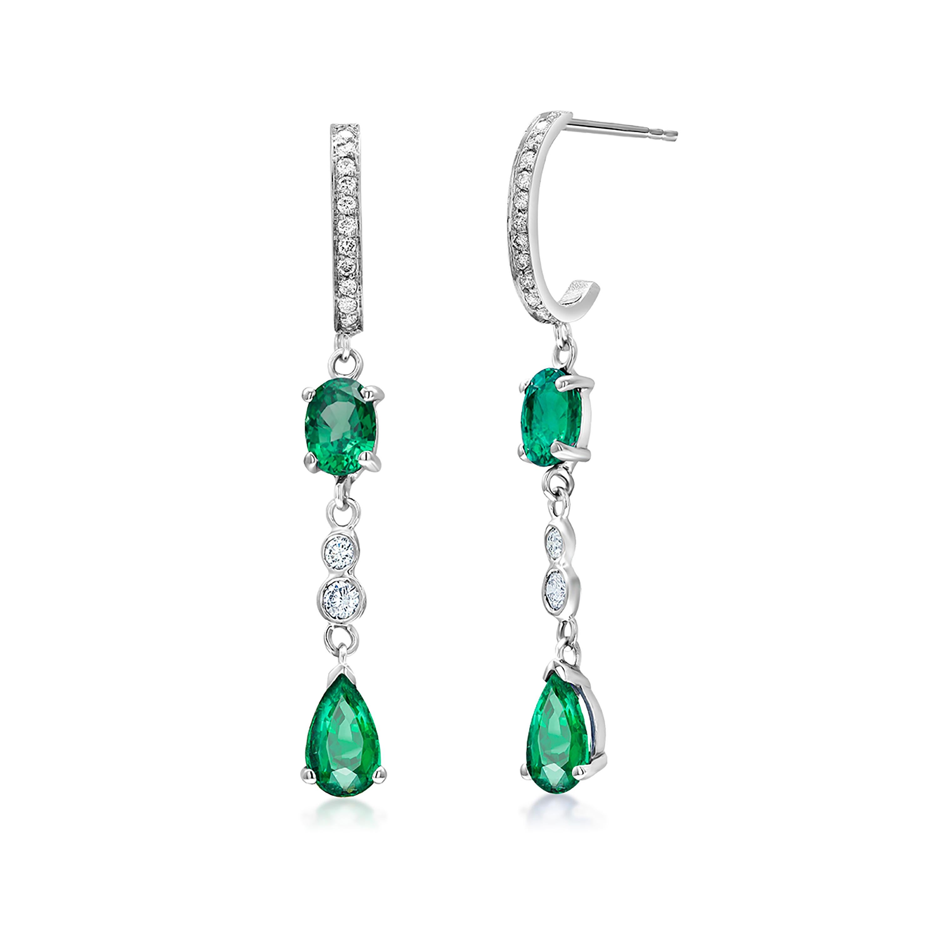 Pear Shaped and Oval Shaped Emerald Diamond Hoop Gold Drop Earrings 1