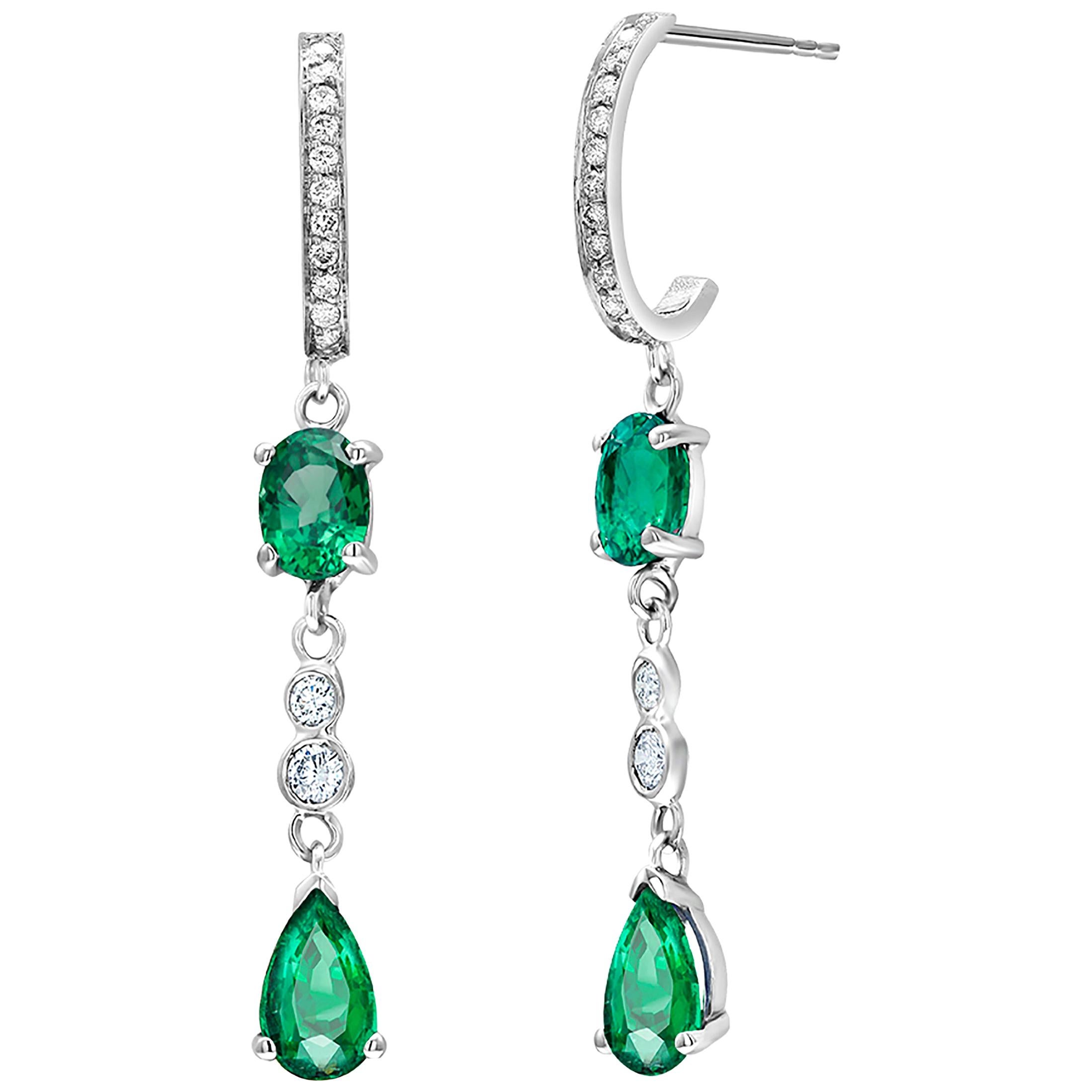 Pear Shaped and Oval Shaped Emerald Diamond Hoop Gold Drop Earrings