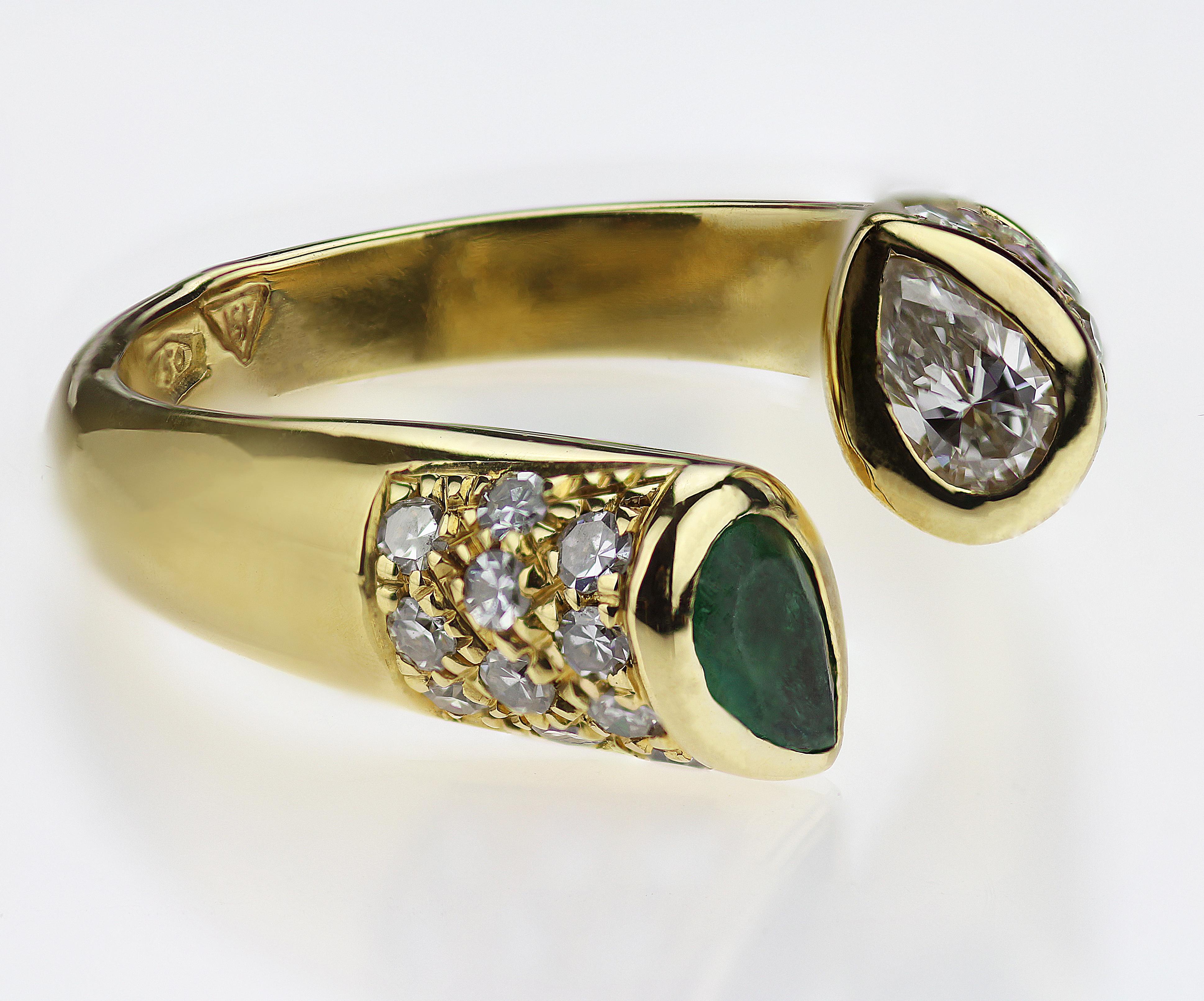 Modern Pear Shape Emerald & Diamond Open Ring in 18K Yellow Gold