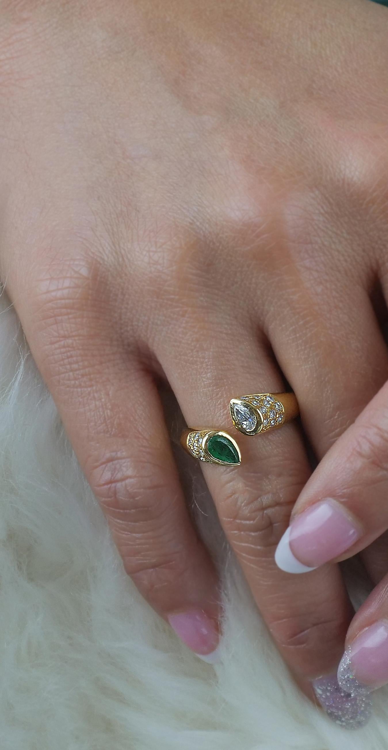Pear Shape Emerald & Diamond Open Ring in 18K Yellow Gold 1