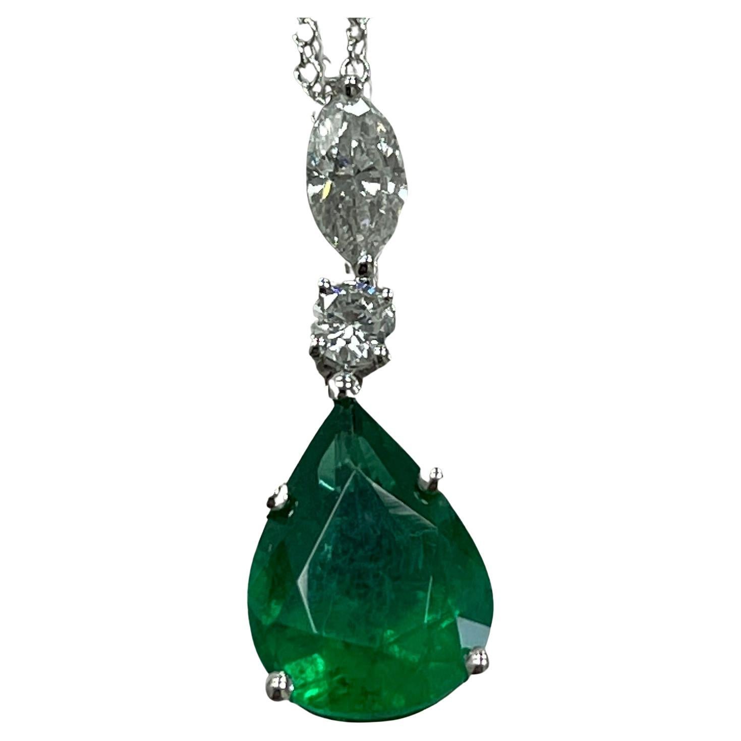 Pear Shape Emerald & Diamond Pendant on Diamond by the Yard Chain For Sale