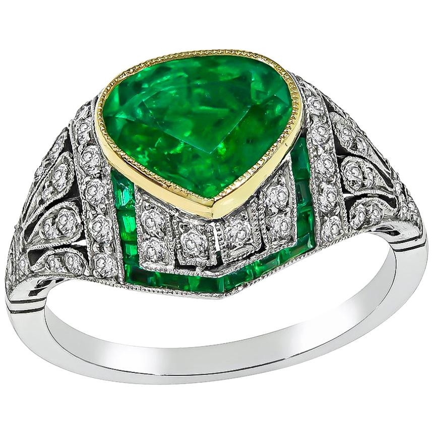 Pear Shape Emerald Diamond Platinum Ring