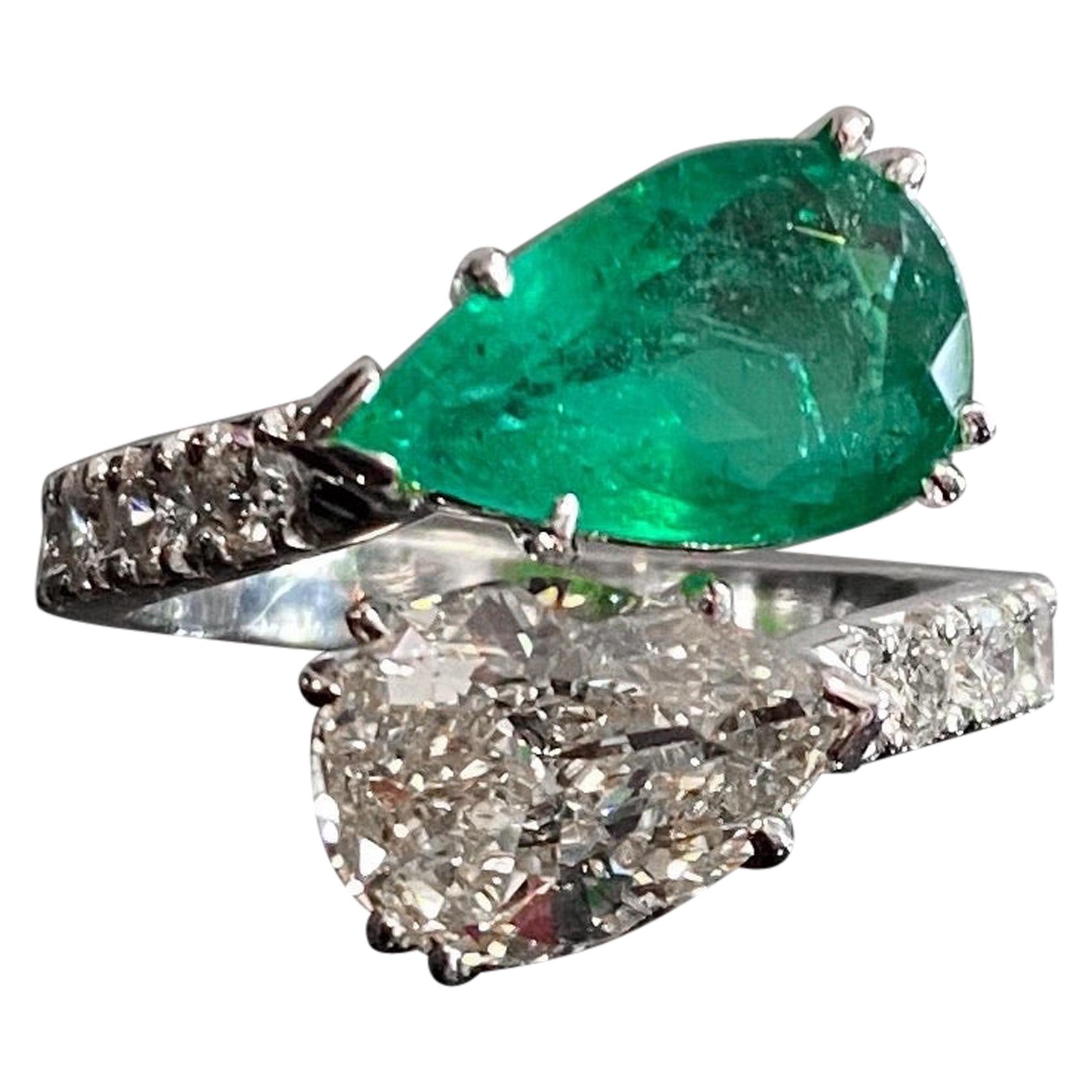 Pear Shape Emerald Diamond Toi Et Moi Crossover Engagement Ring White Gold 2000s