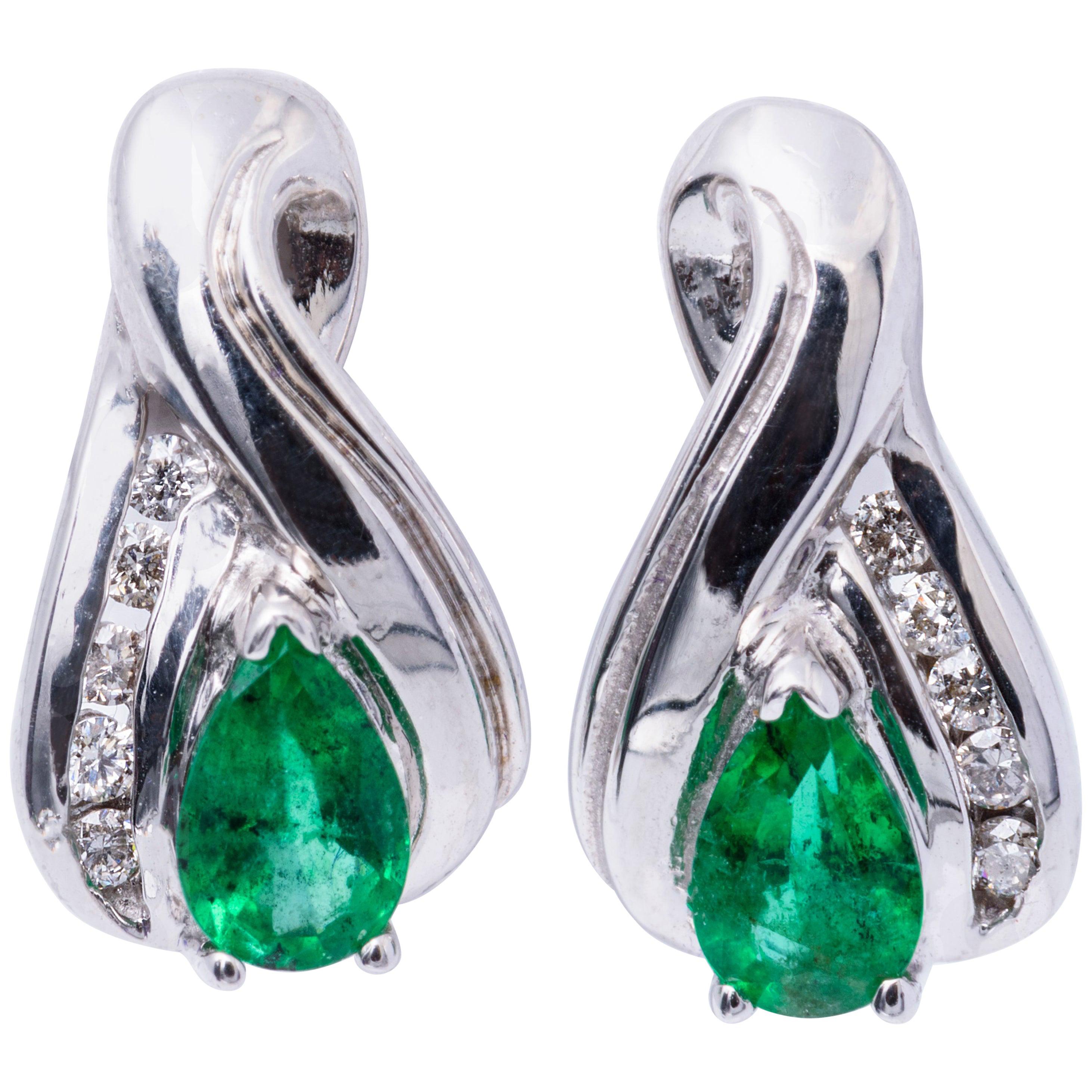 Pear Shape Emerald Diamond White Gold Earrings