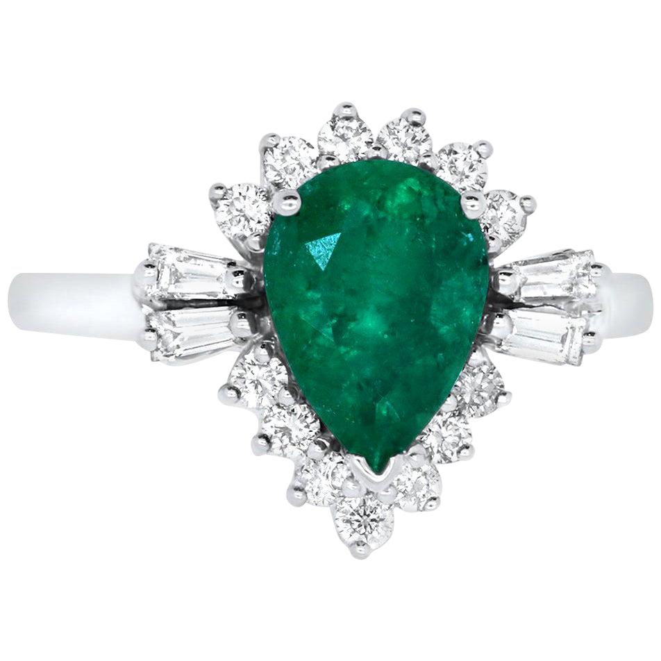 Pear Shape Natural Emerald Engagement Ring Baguette Round Halo 14K White Gold