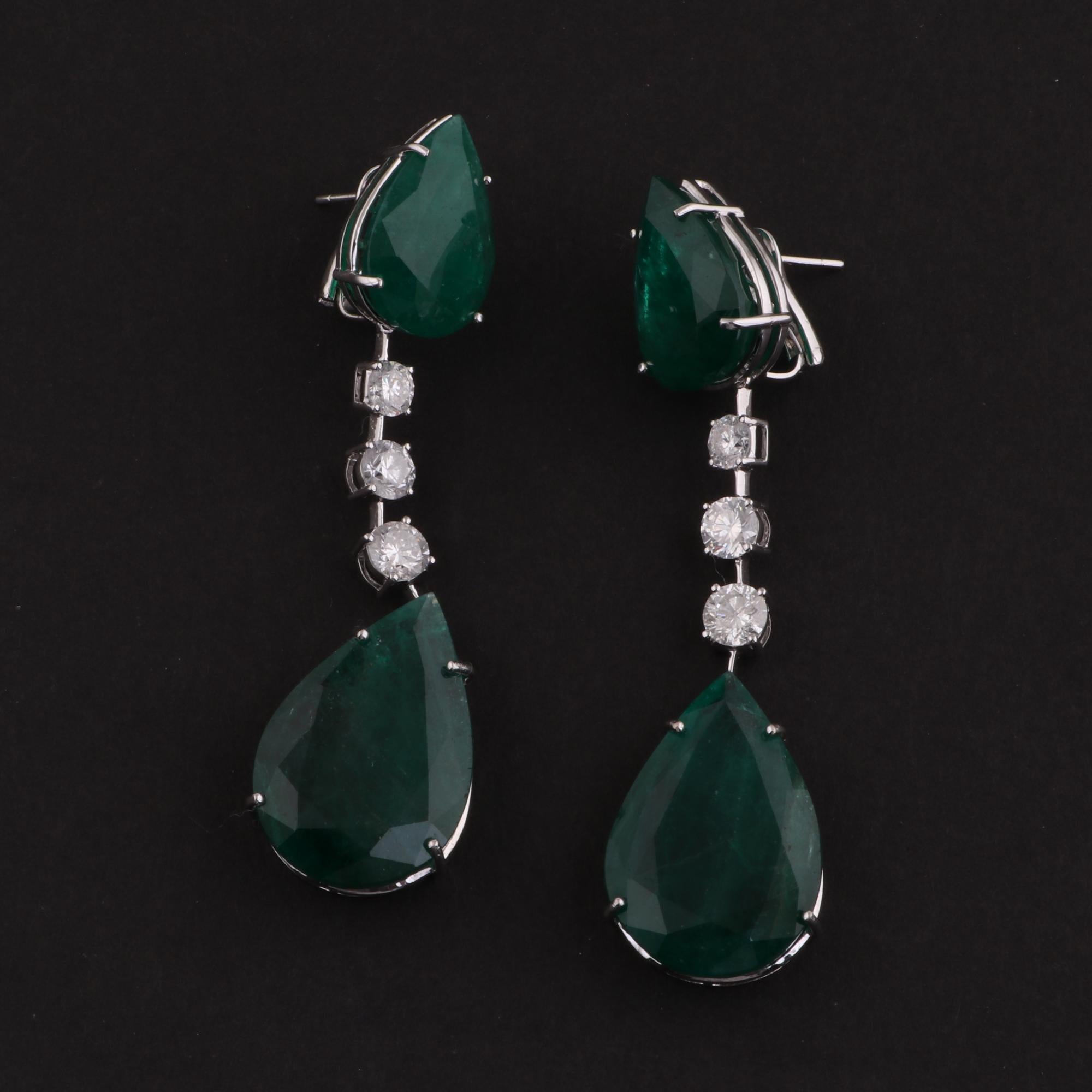 Pear Cut Pear Shape Emerald Gemstone Dangle Earrings Diamond 18 Karat White Gold Jewelry For Sale
