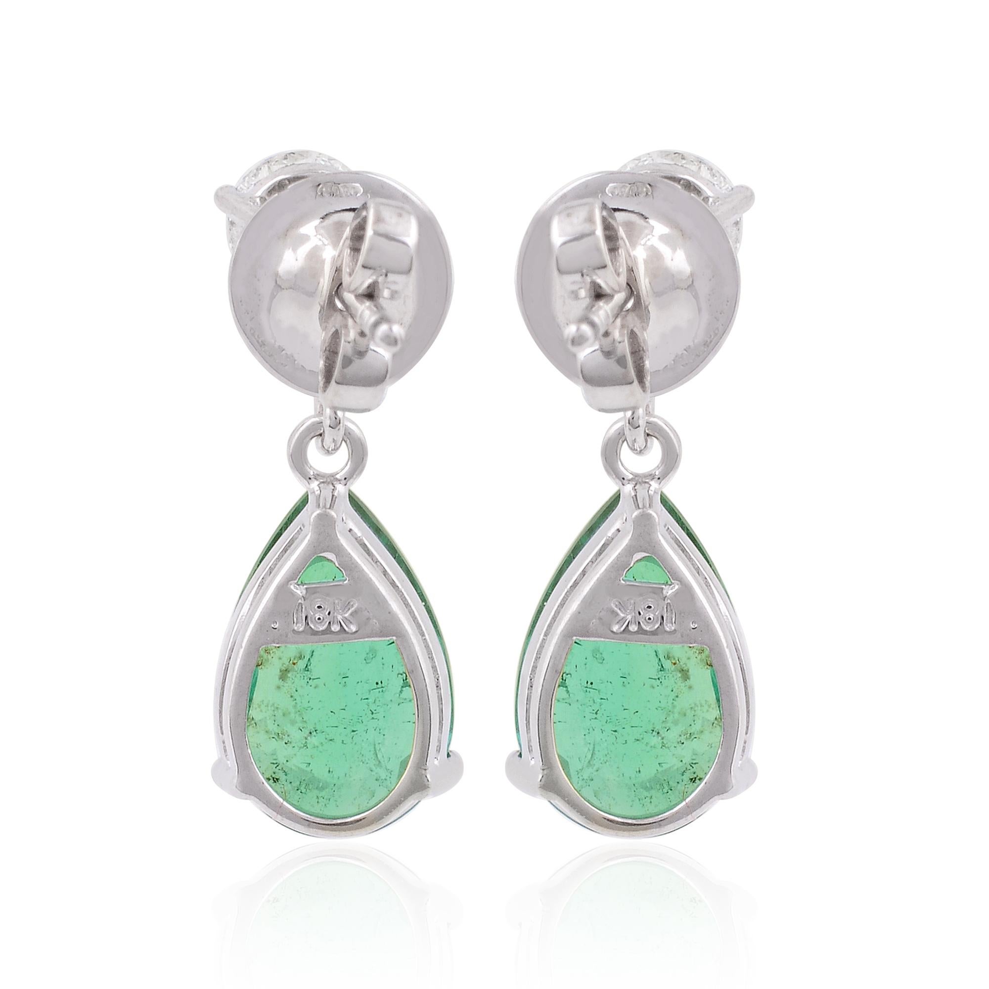 Women's Pear Shape Emerald Gemstone Dangle Earrings Diamond 18 Karat White Gold Jewelry For Sale