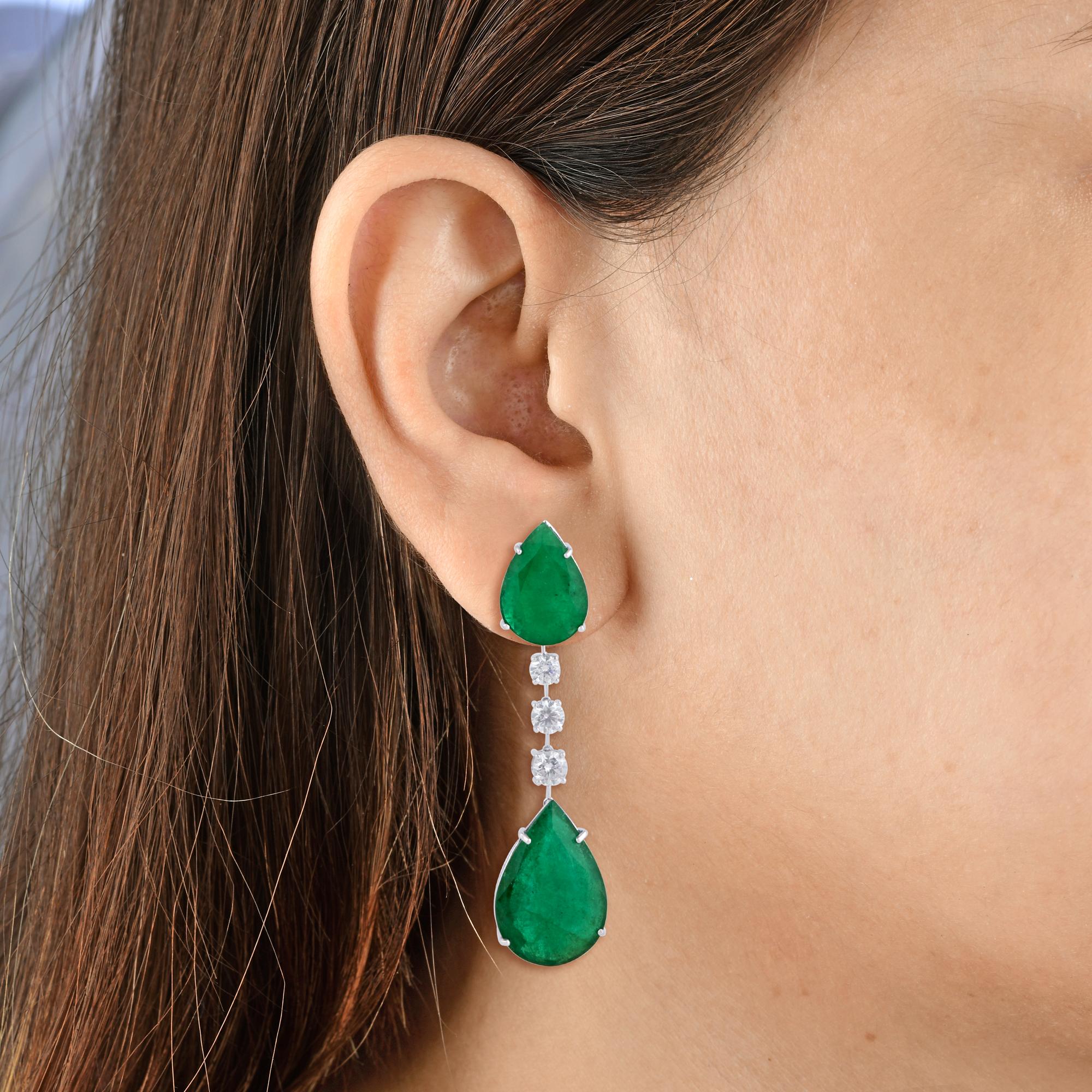 Pear Shape Emerald Gemstone Dangle Earrings Diamond 18 Karat White Gold Jewelry For Sale 1