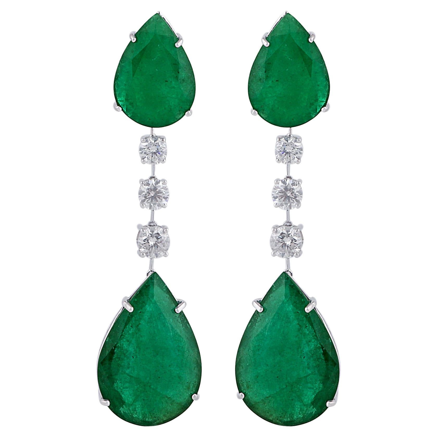 Pear Shape Emerald Gemstone Dangle Earrings Diamond 18 Karat White Gold Jewelry For Sale