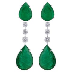 Pear Shape Emerald Gemstone Dangle Earrings Diamond 18 Karat White Gold Jewelry